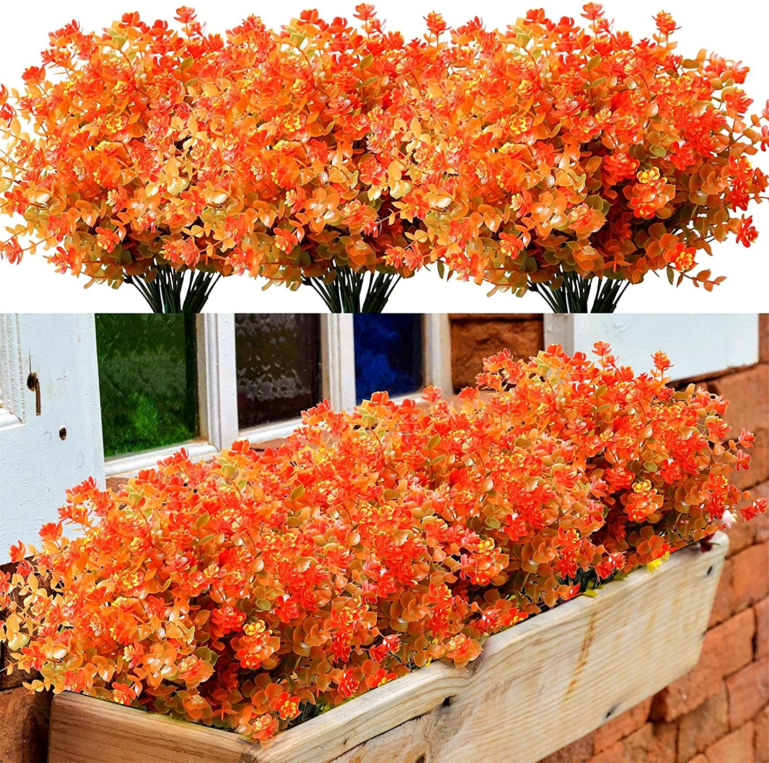 12 Bundles Artificial Fall Flowers Plants Outdoors, Faux Plastic Shrubs Fake Greenery UV Resistant for Garden Patio Window Box Office Hanging Planter Pathway Front Porch Decor