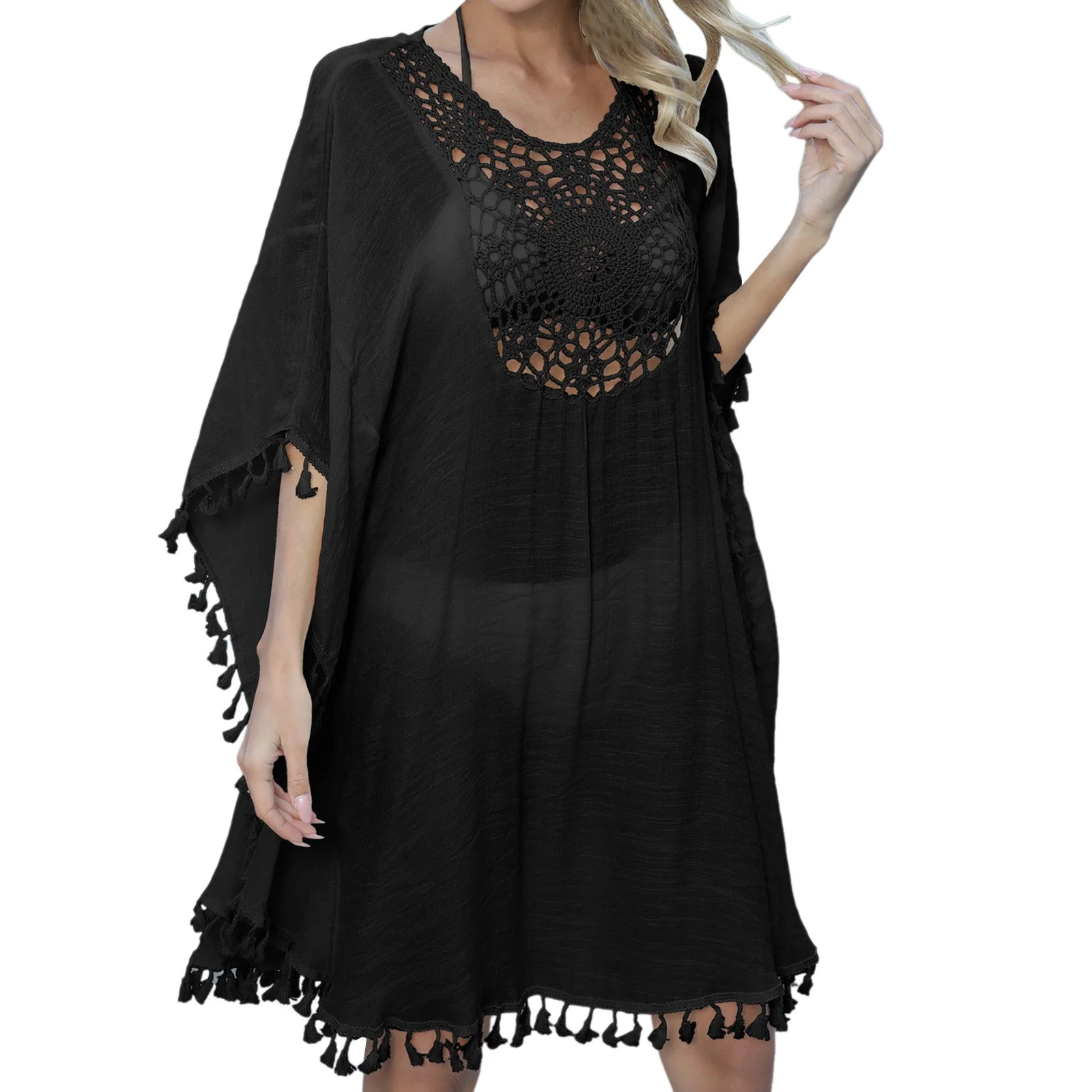 FhsagQ Female Plus Size Cover Ups for Swimwear Women 4X Long Dress Beach Vacation Cover up Border European Clothing Hand Crocheted Floral Stitching Tassel Bikini up Dress