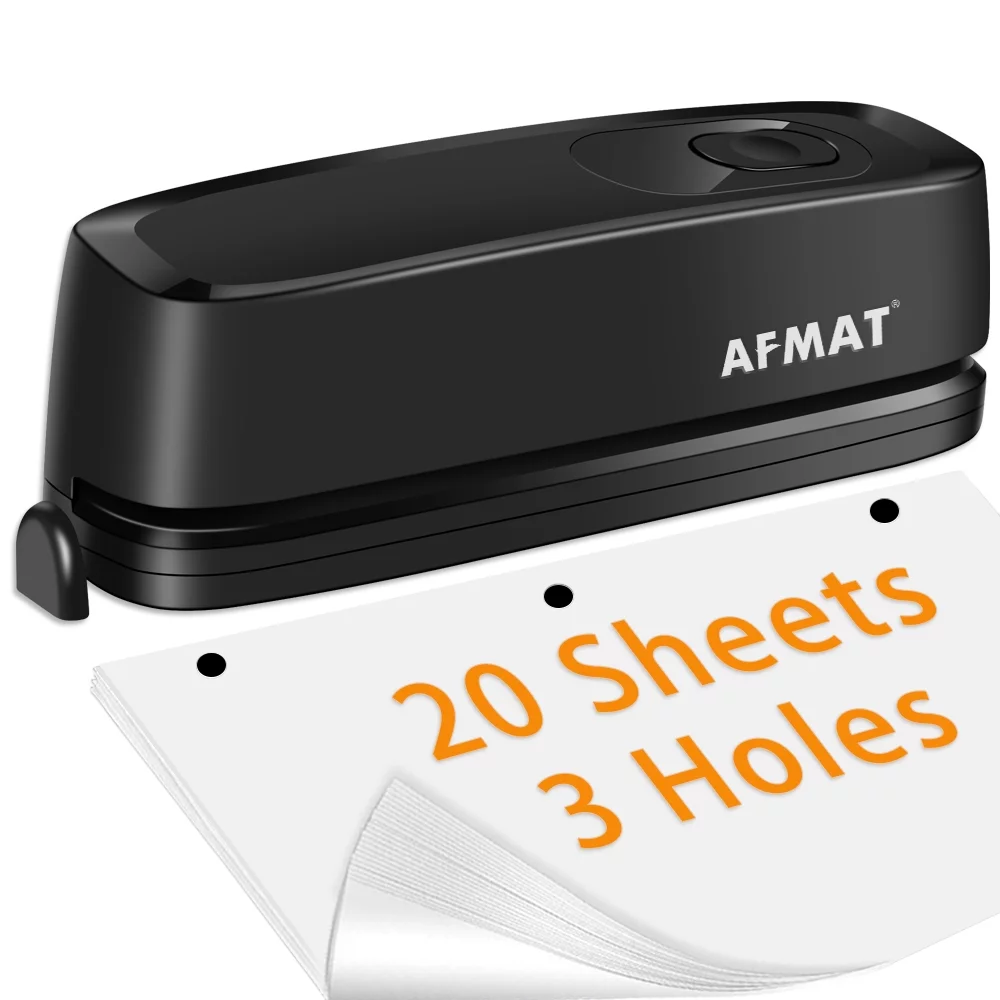 AFMAT 3 Hole Puncher, Electric and Battery Powered Hole Punch, 20 Sheet Capacity, Reduced Effort, Black