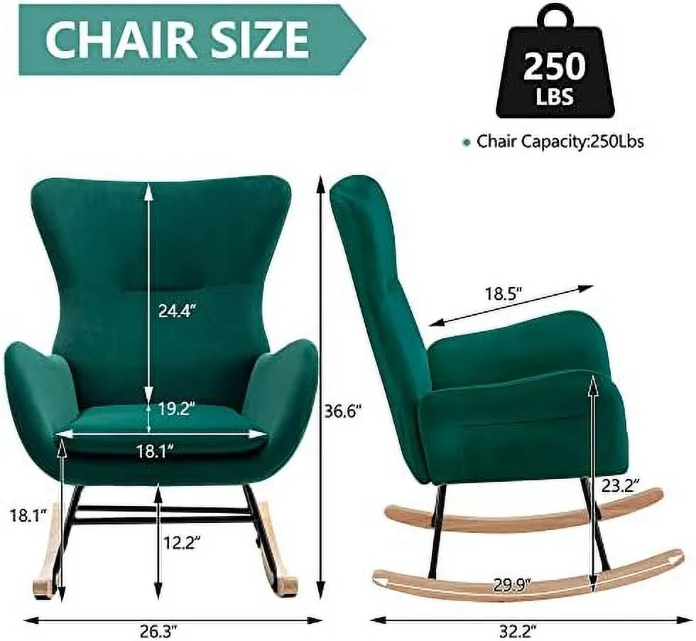 xrboomlife Nursery Rocking Chair Upholstered Glider Chair Soft Velvet Wingback Accent Side Chair  Rubber Wood Rocker Chair for Living Room Bedroom Lounge (Teddy Gray)