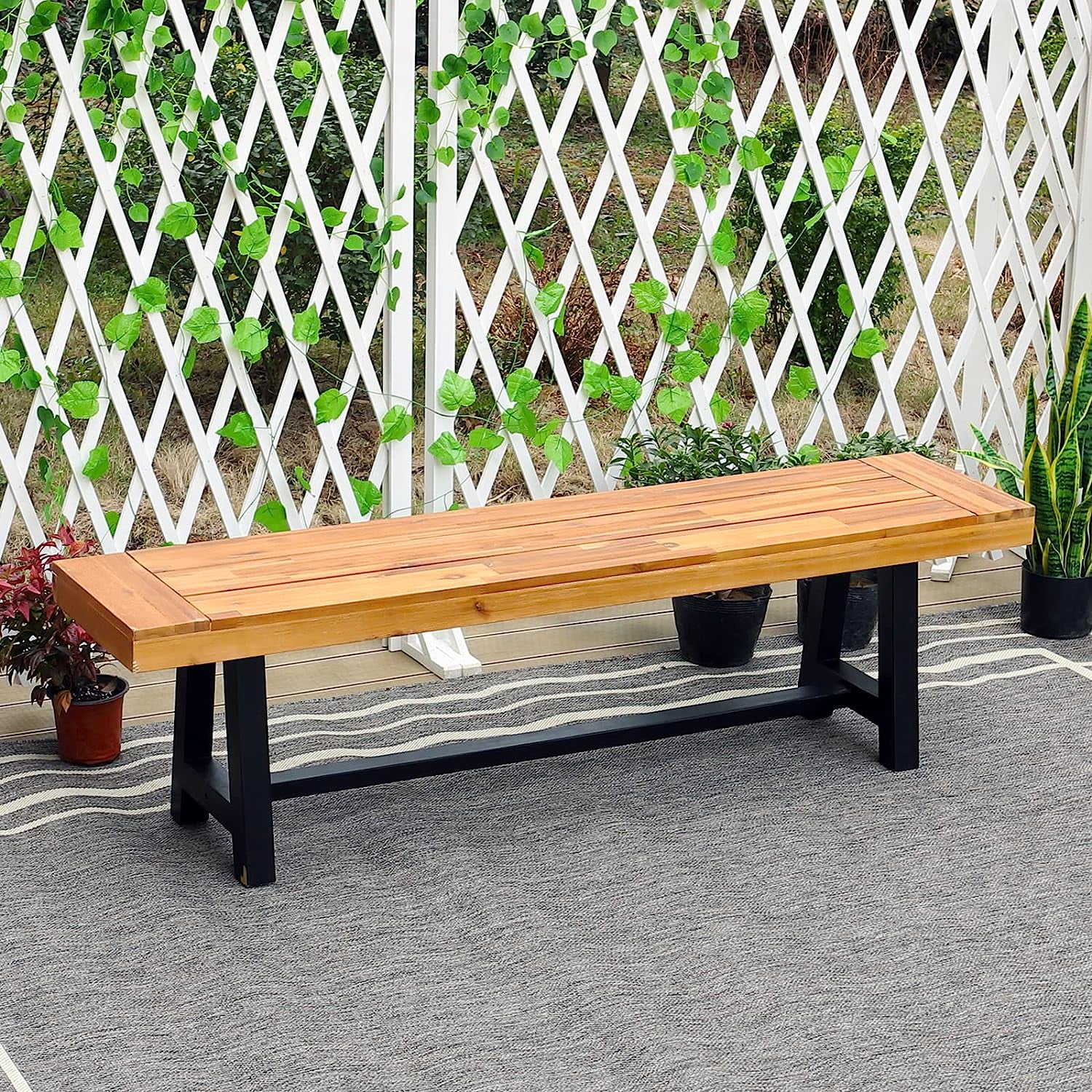 & William 6 Pieces Patio Dining Set for 6  4 PE Rattan Chairs and 1 Rectangular Acacia Wood Table and 1 Bench  Outside Table and Chairs with Cushions  Outdoor Furniture for Decker Yar