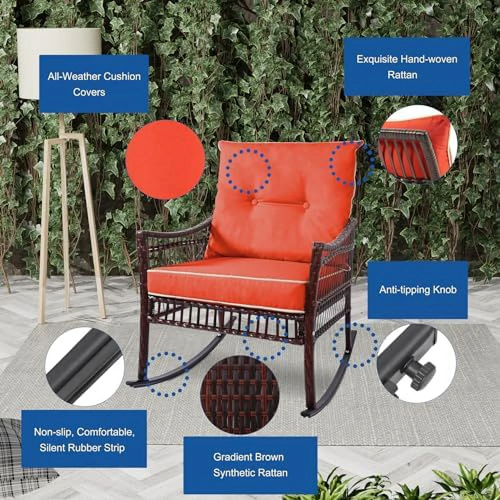 xrboomlife 3 Pieces Patio  Set  Outdoor Rocking Chairs   Wicker Cushioned Patio Rocker with  for Porch  Garden  Poolside & Deck  Orange