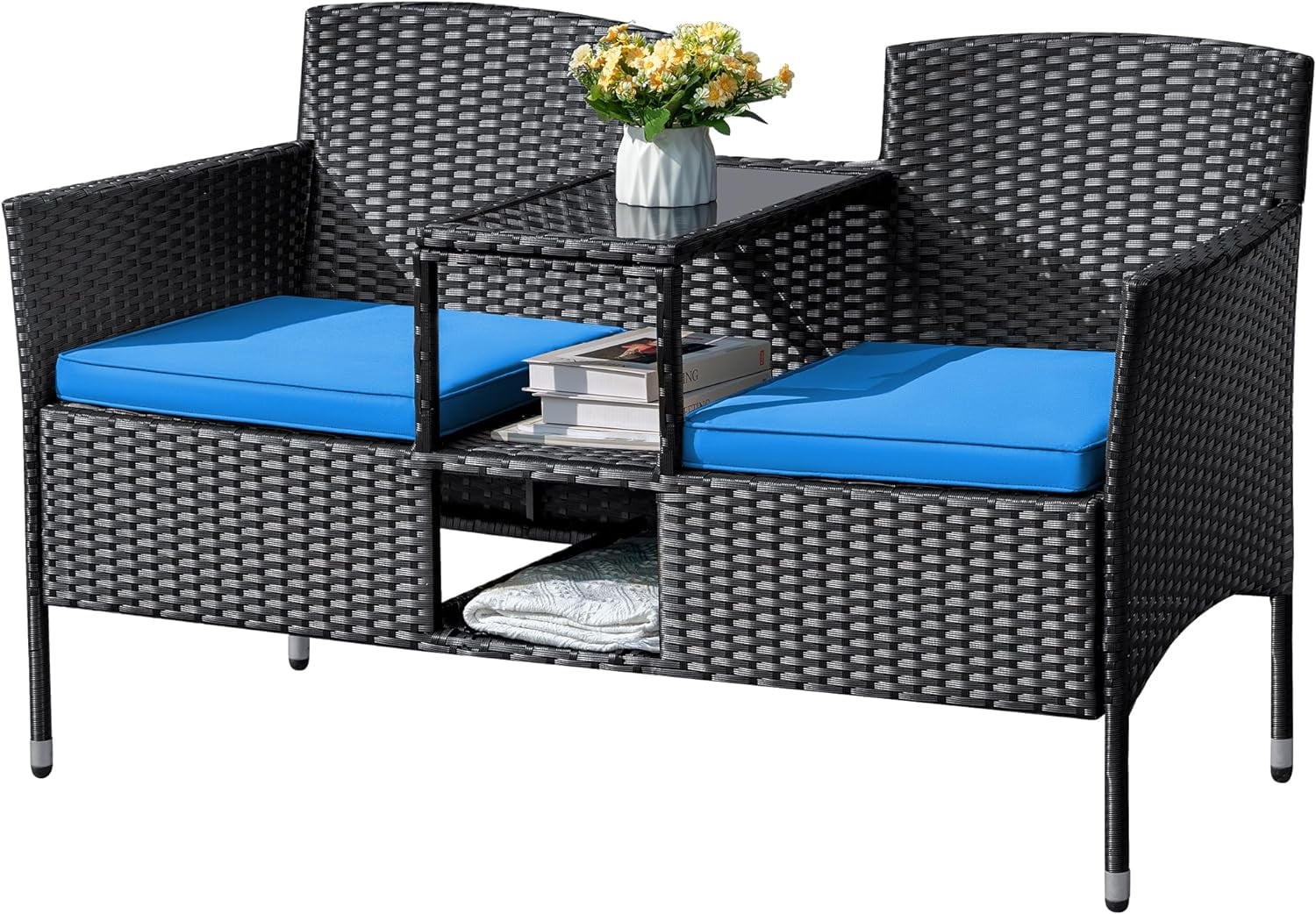 HYHBIBOOM Outdoor  Patio Loveseat Wicker 2-Seat with Built-in  and Cushions Rattan Porch Chairs Bench for Balcony  Lawn  Backyard (Red)