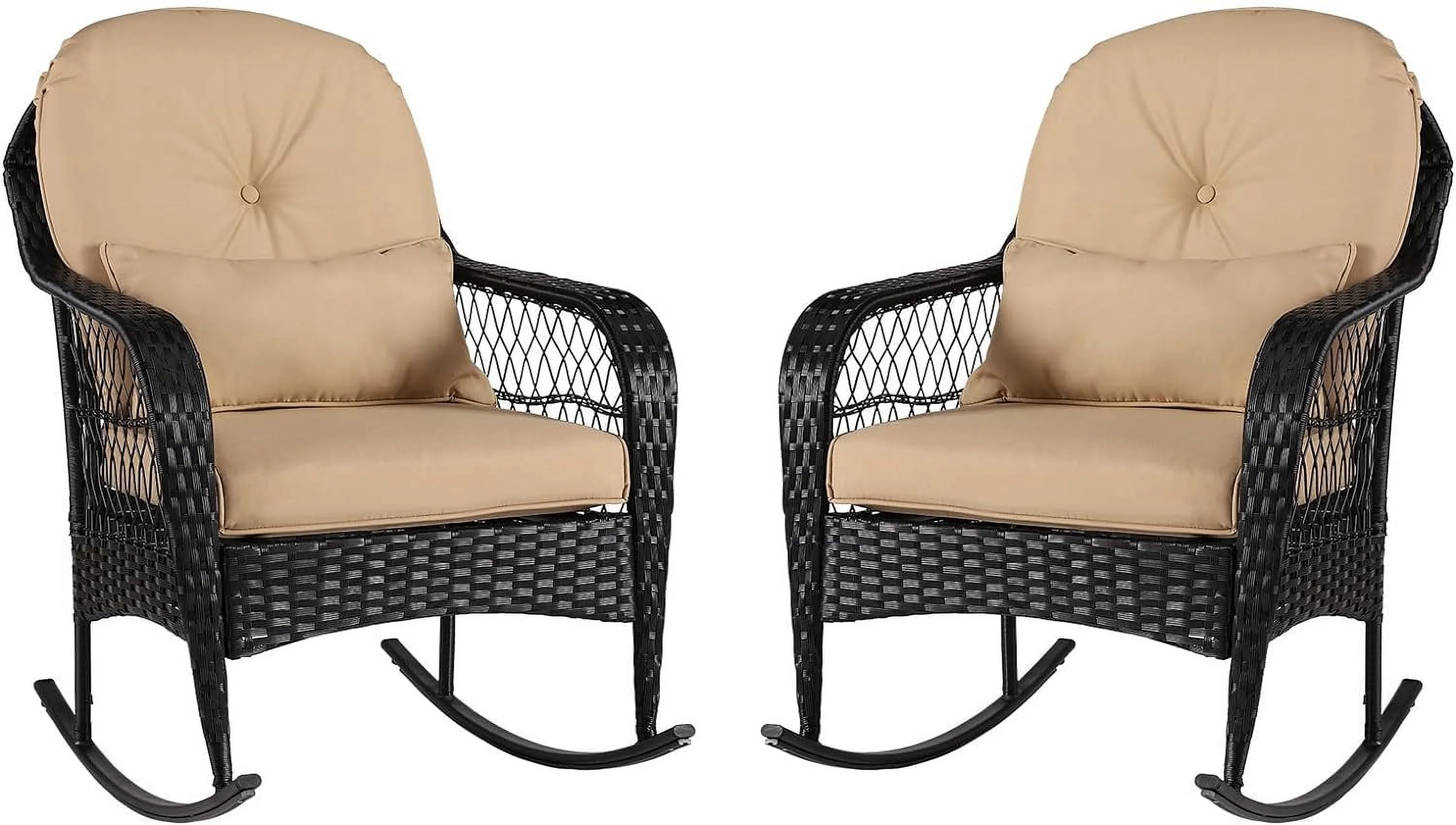 SJOIKLM 2pcs Outdoor Wicker Rocking Chair - Garden Patio Yard Porch Lawn Balcony Backyard  All- Weather Wicker Rocker Chair with Cushions (2Pcs Black Wicker-Khaki)