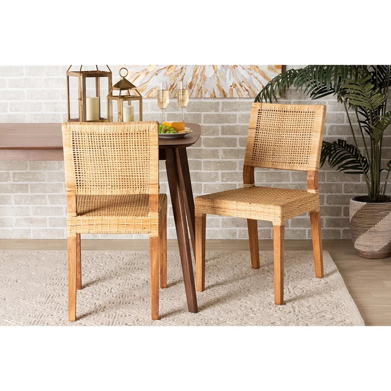 Baxton Studio Lesia Modern Bohemian Natural Brown Rattan and Walnut Brown Finished Wood 2-Piece Dining Chair Set