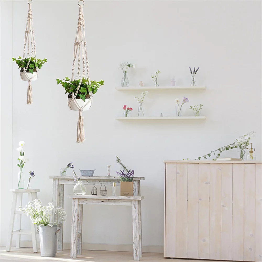 NGOFOEN Macrame Plant Hanger Flower Pot Holder Hanging Rope Basket,Beige Rope Plant Hanger.