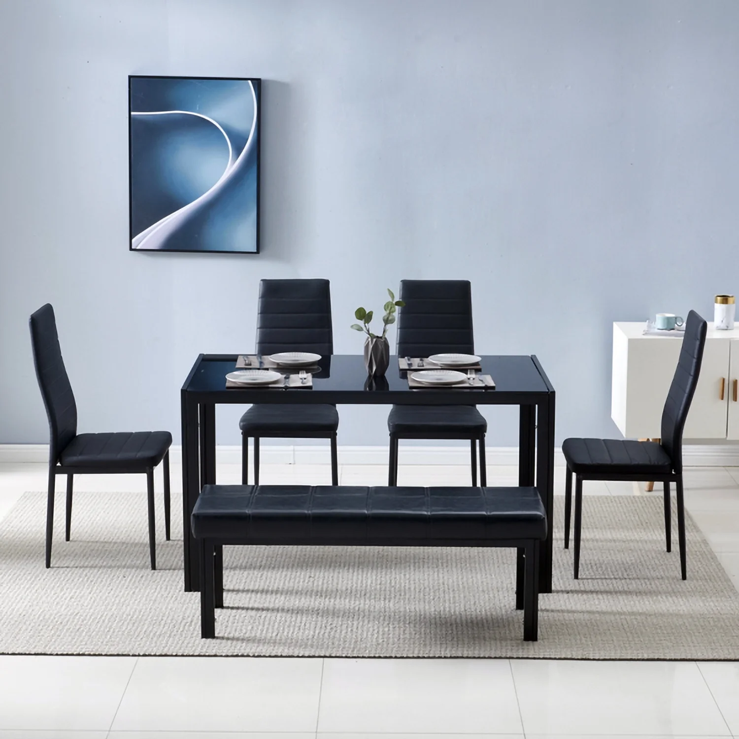 RUseeN 4pcs Elegant Assembled Stripping Texture High Backrest Dining Chairs Black