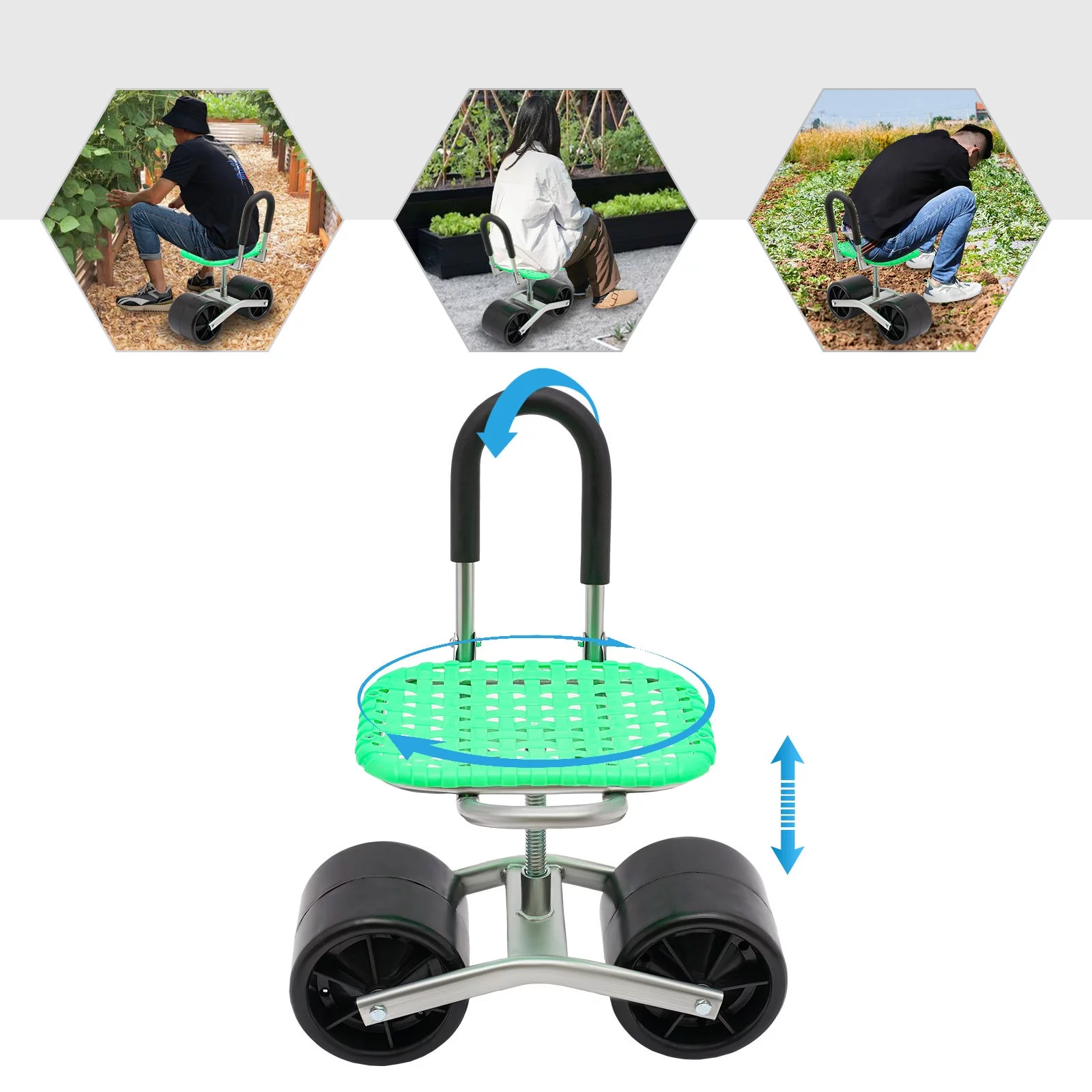 Wuzstar Rolling Stool Workseat Adjustable Height Garden Cart with 2 Wheels, Green