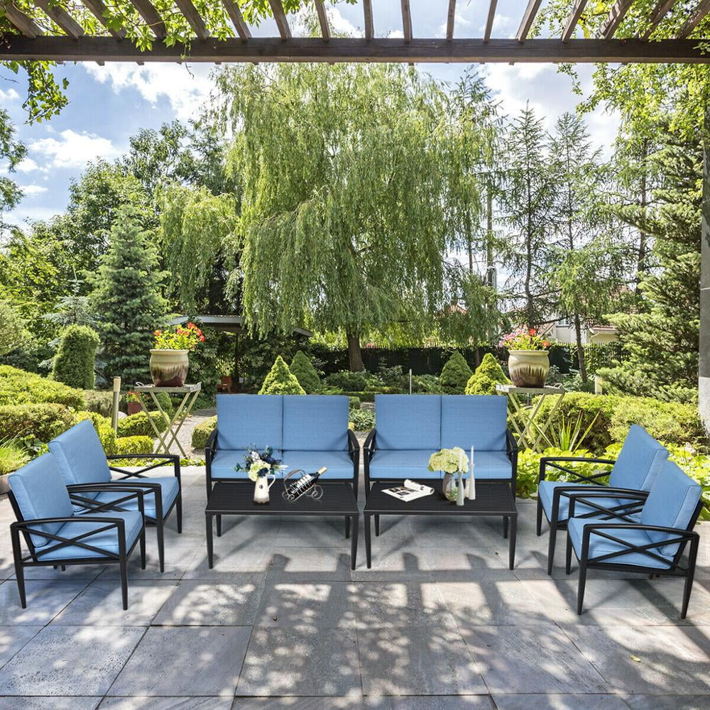 Blue 8PCS Patio Furniture Set Aluminum Frame Cushioned Sofa Chair Coffee Table