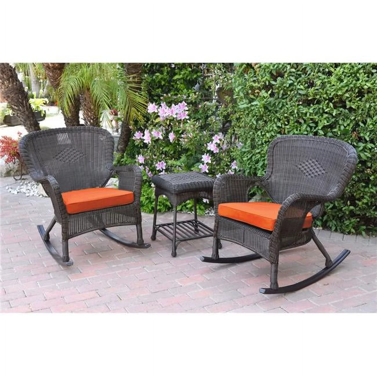 W00215-2-RCES016 Windsor Espresso Wicker Rocker Chair & End Table Set with Orange Cushion