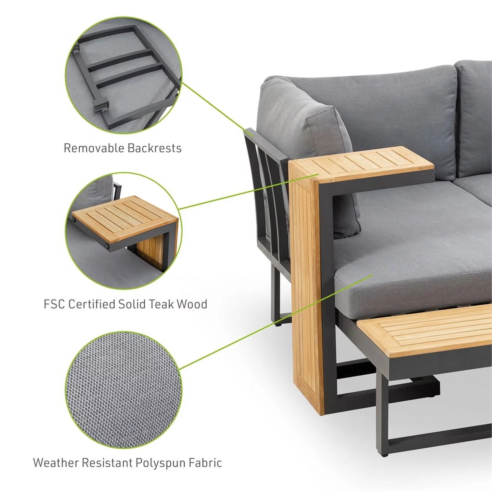 Kingfisher Lane Modular Teak Solid Wood Sectional Sofa in Natural/Gunmetal