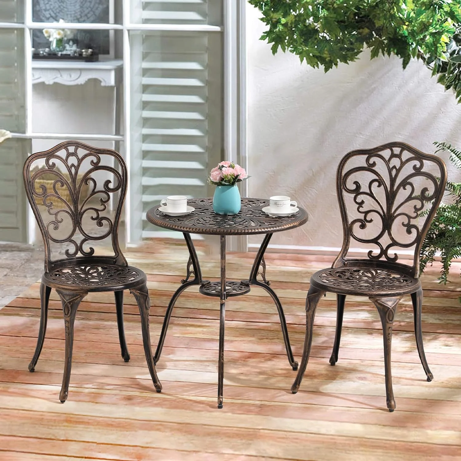TJCGDTY 3 Piece Outdoor   All Weather Cast Aluminum Patio Dining Retro  and Chairs with 2\u2019\u2019 Umbrella Hole  Bronze