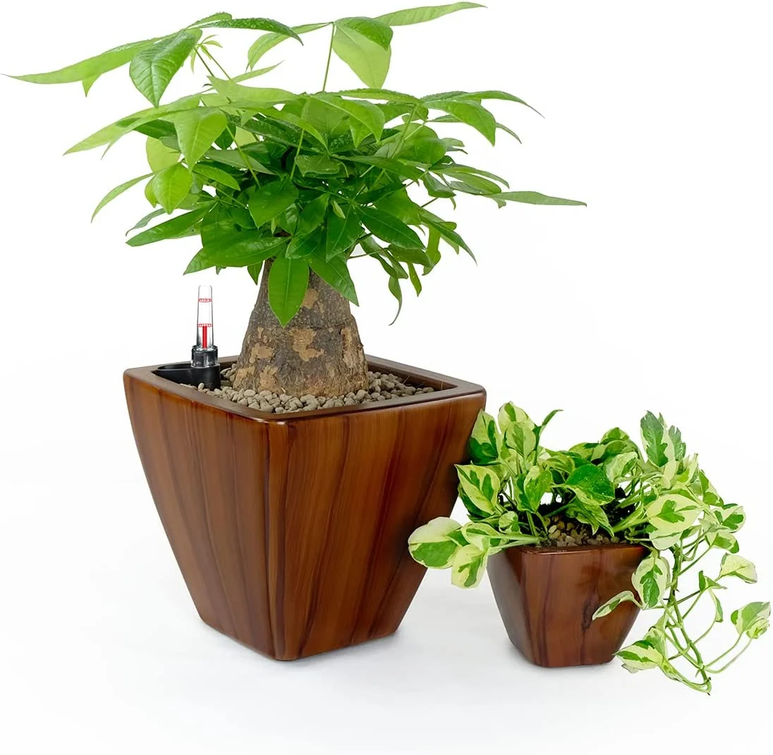 2-Pack Light Wood Decor Planter │Smart Self-Watering Planter Pot │Square Cone Flowerpot for Indoor and Outdoor (Dark Brown)