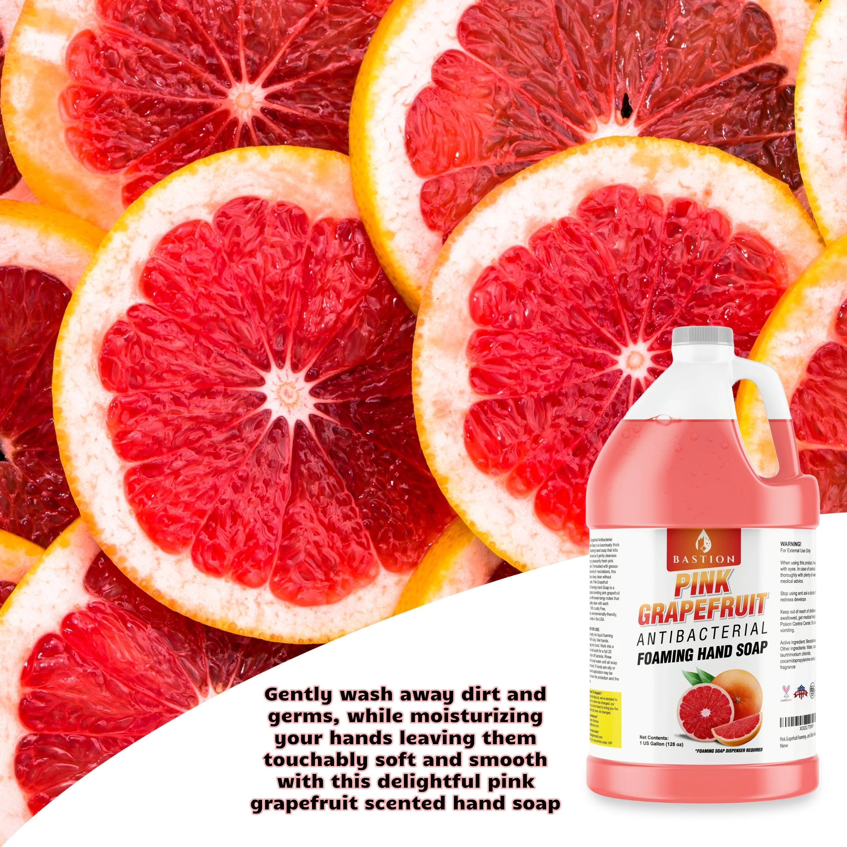 Bastion Pink Grapefruit Foaming Antibacterial Hand Soap Refill 1 Gallon (128 oz) Refreshing Pink Grapefruit Scent Bulk Hand Soap-Made In The USA.