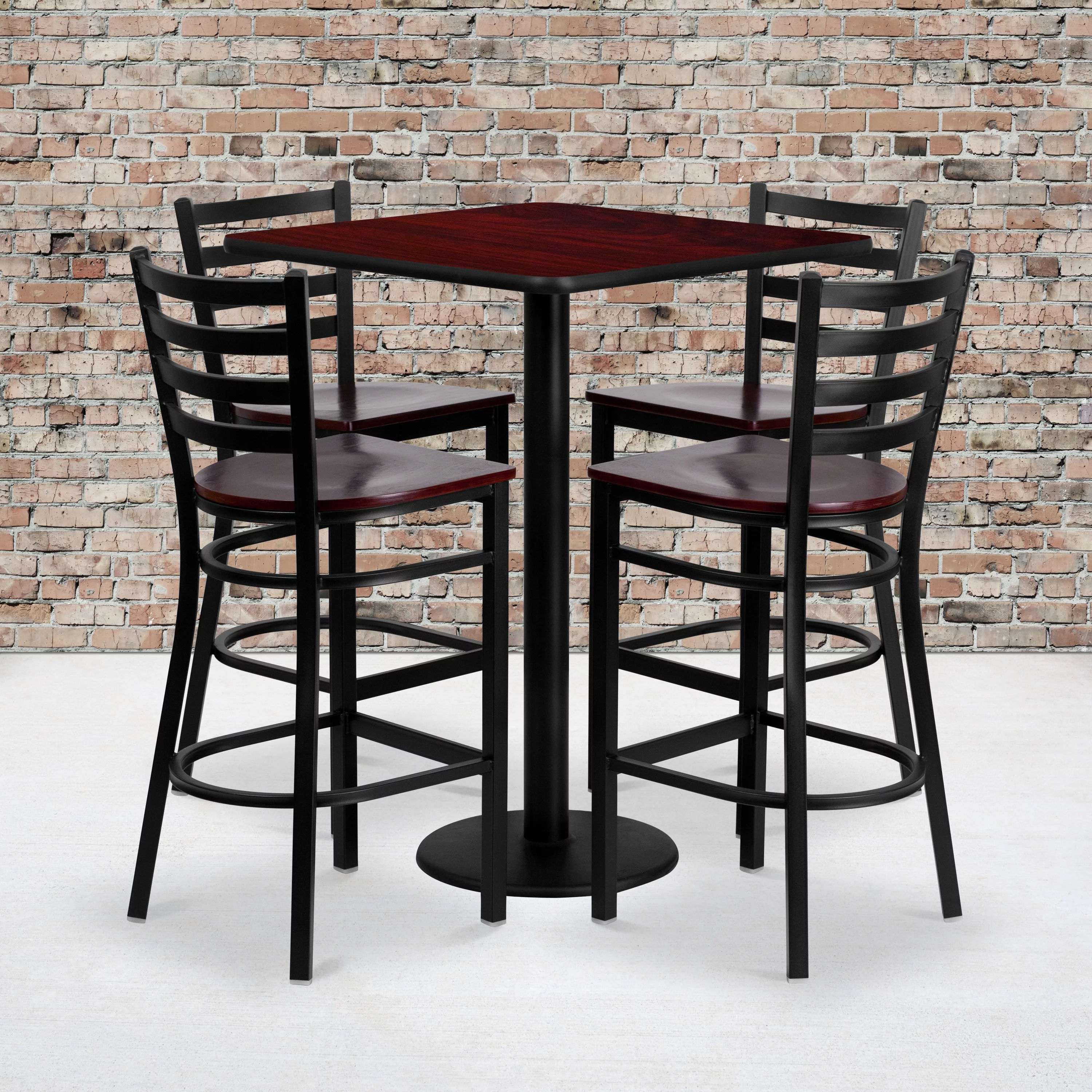 Emma + Oliver 30SQ Mahogany Table Set-4 Ladder Back Stools,Mahogany Seat