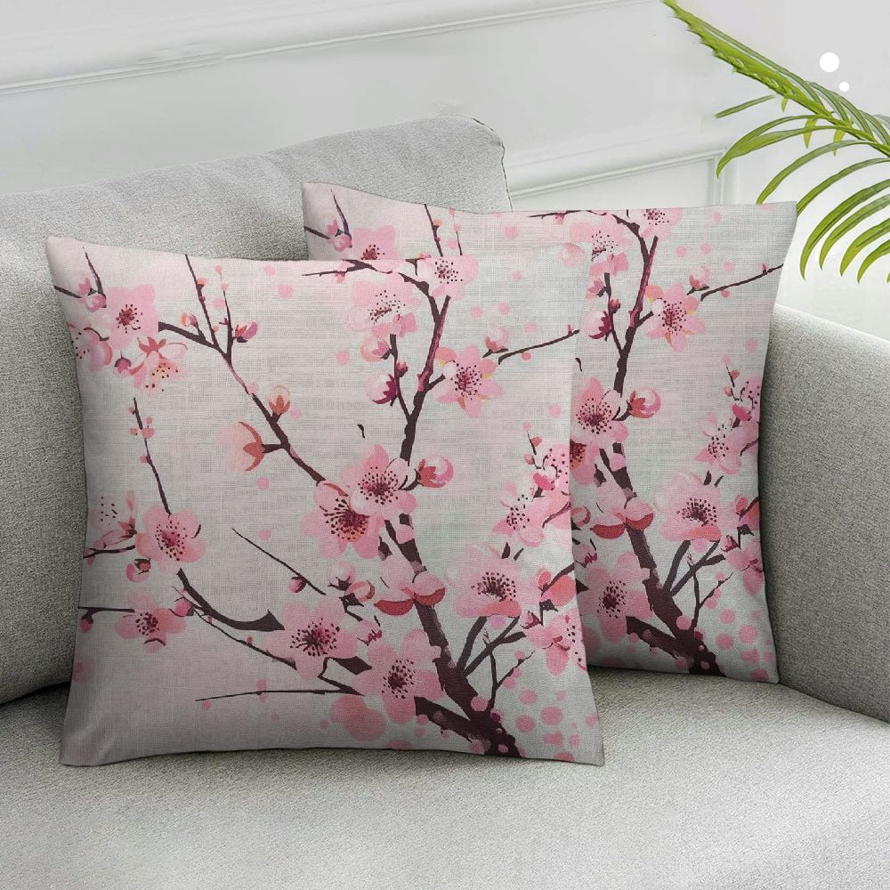 Acheng Spring Pillow Decorative Throw Pillow Cover, Pink Chinese Cherry Blossom Flower Japan Plum Branch Double Sided Square Pillow Cases Pillowcase Sofa Cushion,2 Pcs White
