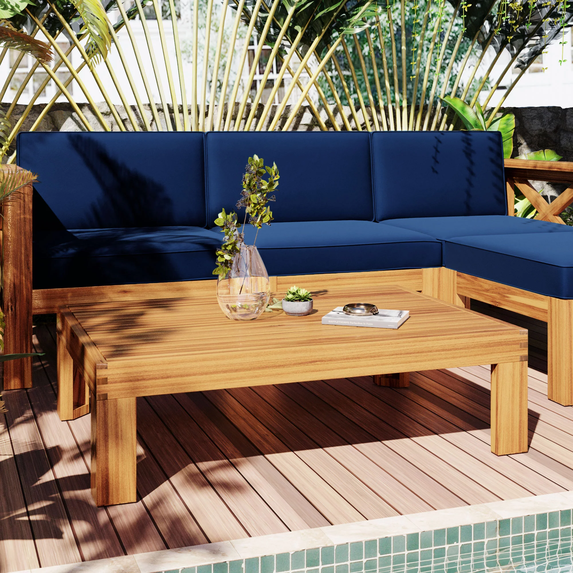 Highsound 5-Piece Outdoor Backyard Patio Wooden Sectional Sofa Seating Group Set with Table and Cushions, Natural Finish+ Blue Cushions