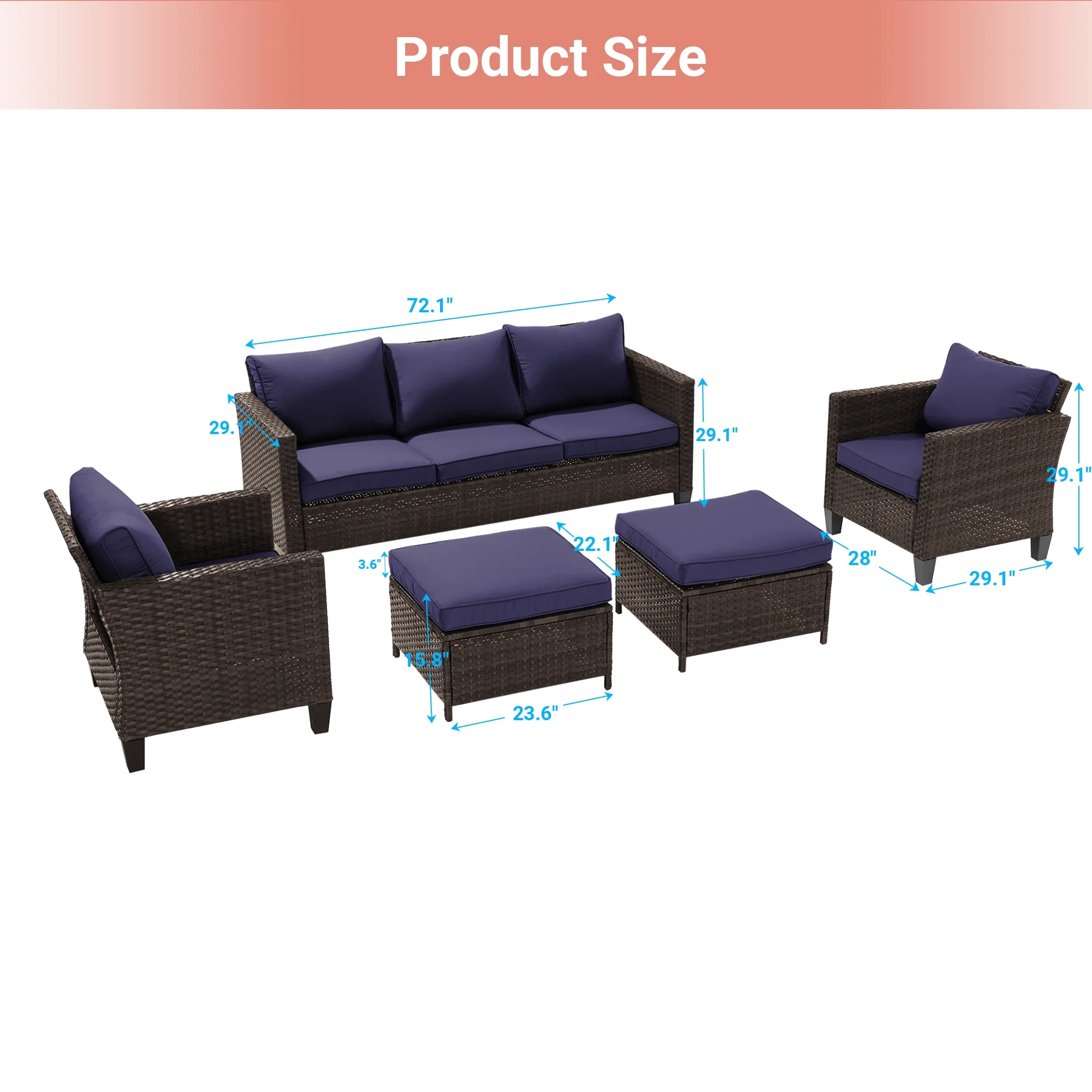 CHYVARY 5-Piece Patio Sofa Set Brown Rattan Outdoor Furniture Set Three-Seat Sofa Ottomans Suiting Backyard, Poolside and Patio,Navy Blue
