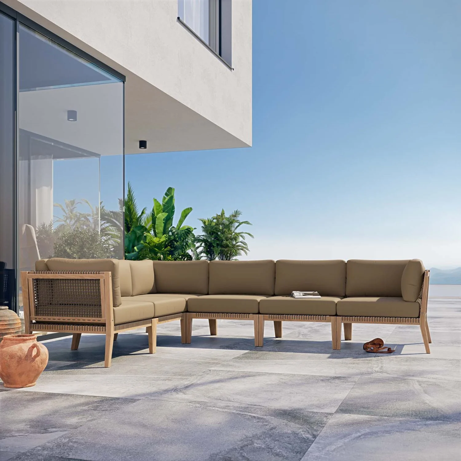 Lounge Sectional Sofa Set, Brown Natural, Teak Wood, Outdoor Patio Balcony Cafe Bistro Garden Hospitality Restaurant, Modern Contemporary HB34469
