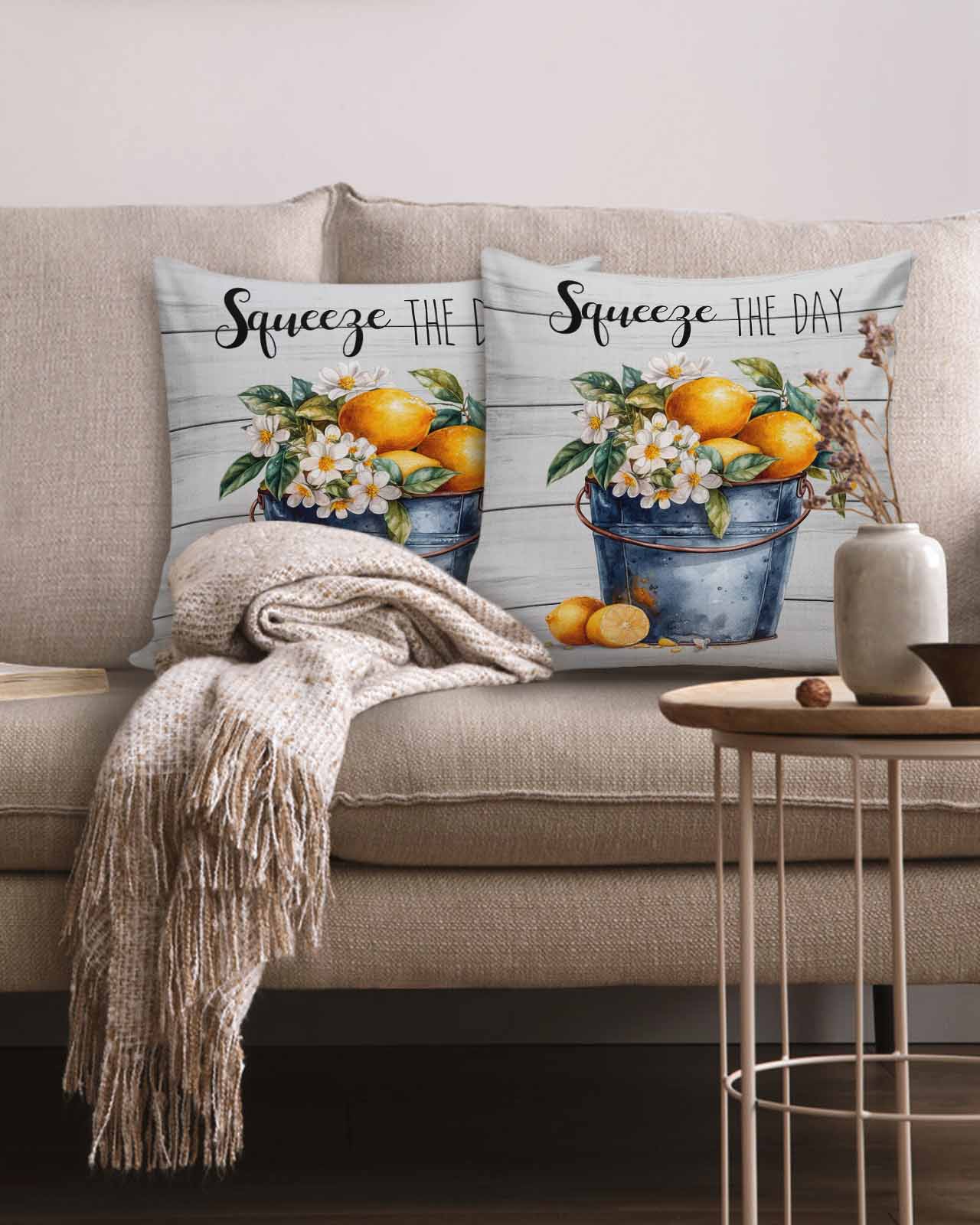 Summer Lemon Flowers Farmhouse 20x20 Pillow Covers Set of 2, Iron Bucket Wood Decorations Outdoor Throw Pillow Covers, Cotton Linen Square Pillowcases for Patio Sofa Couch Bedroom Decorative