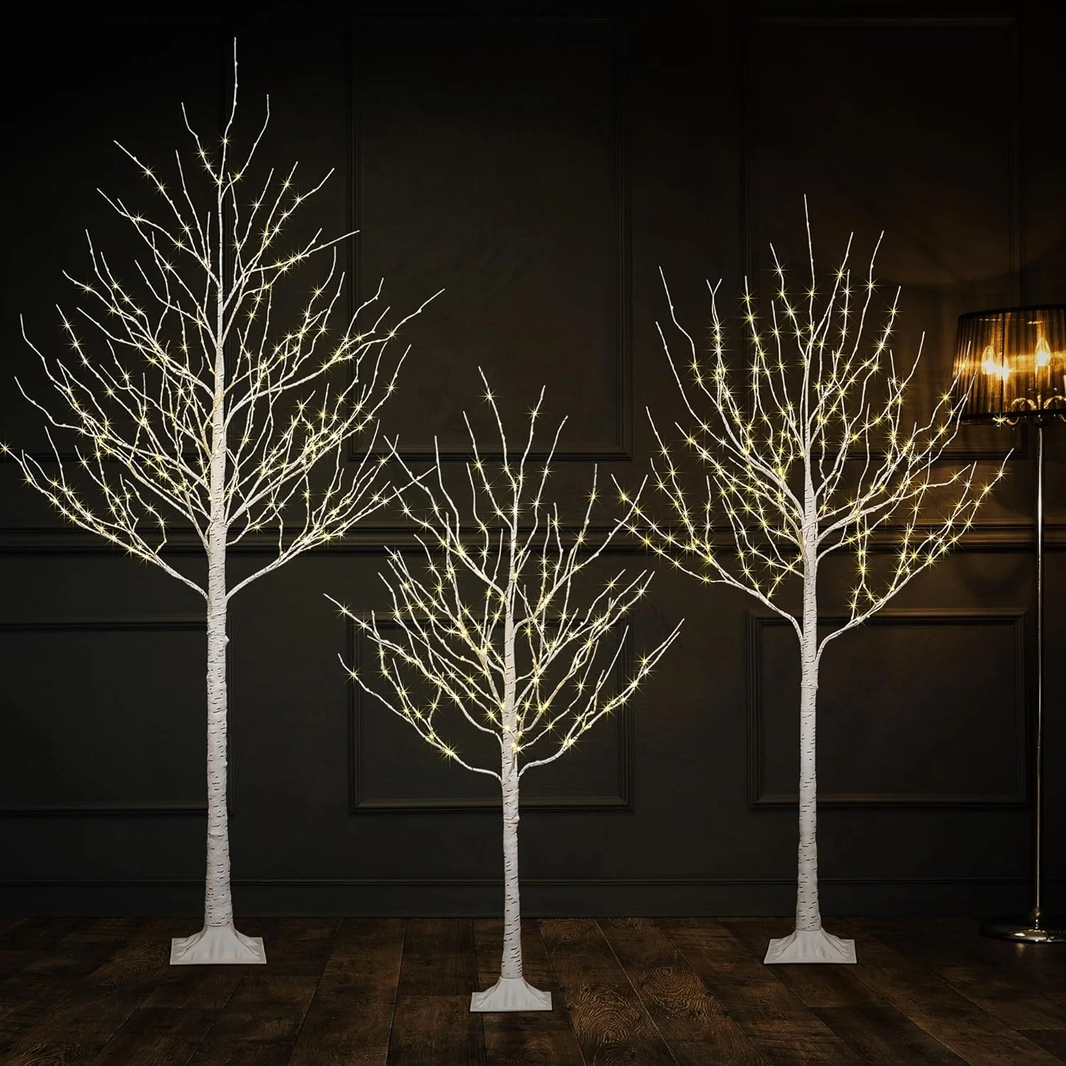 Lighted Birch Twig Tree with Fairy Lights 4FT, 6FT and 8FT, Pack of 3 Warm White for Indoor Outdoor Home Christmas Holiday Decoration