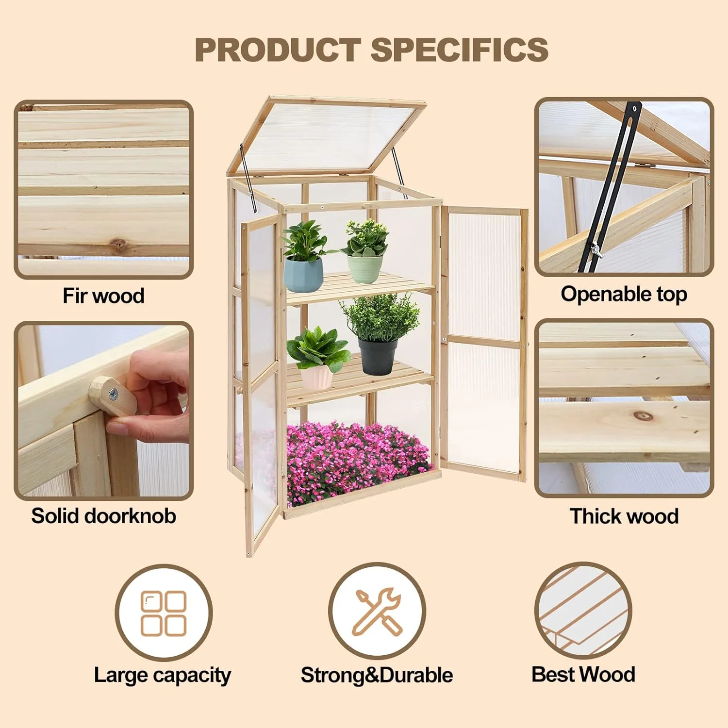 Garden Portable Wooden Cold Frame Greenhouse, Raised Flower Planter with Hard Translucent PC Protection (27