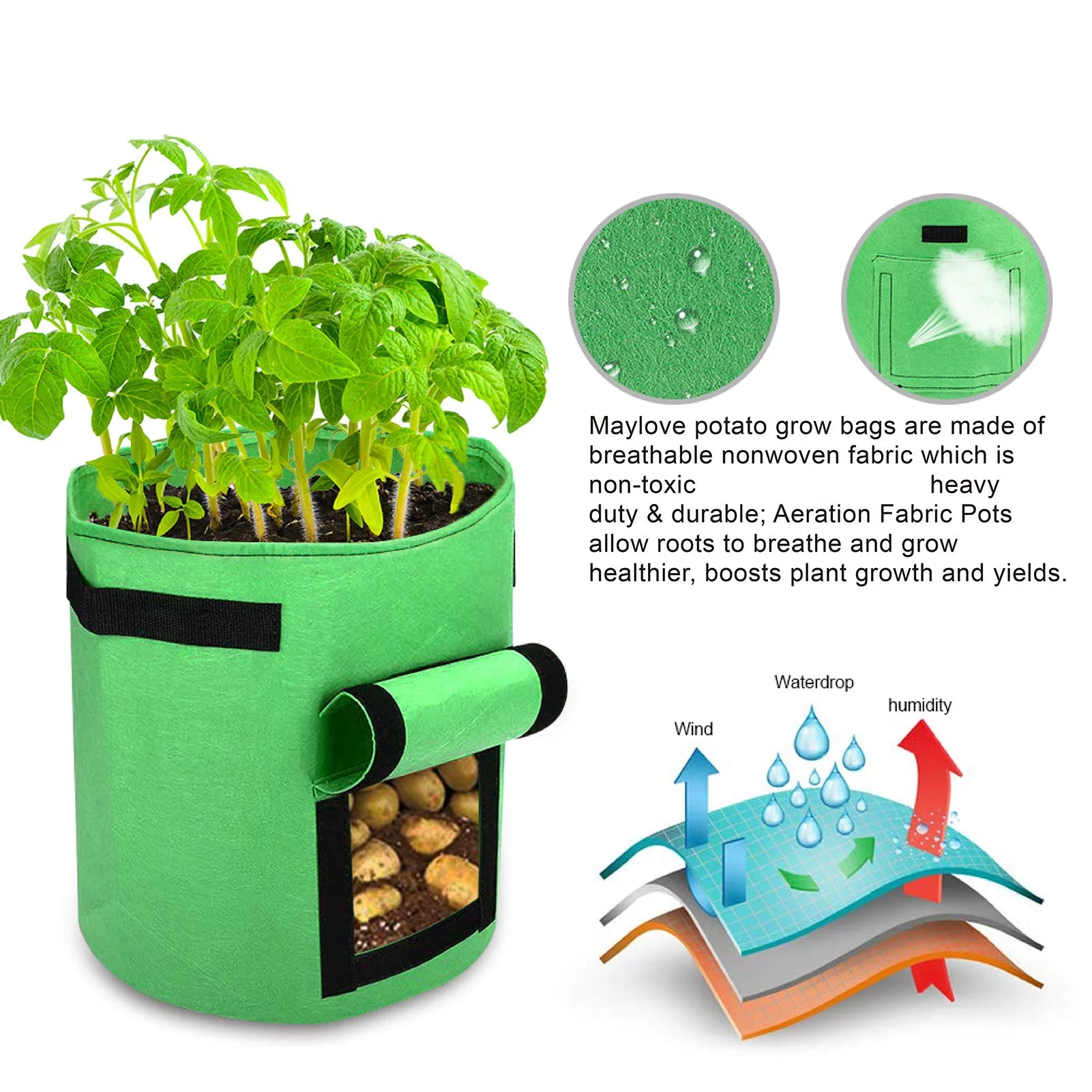 7 Gallon Grow Bags, 6-Pack, Reusable Breathable Non-woven Planting Pots with Handles and Access Flap(Green)