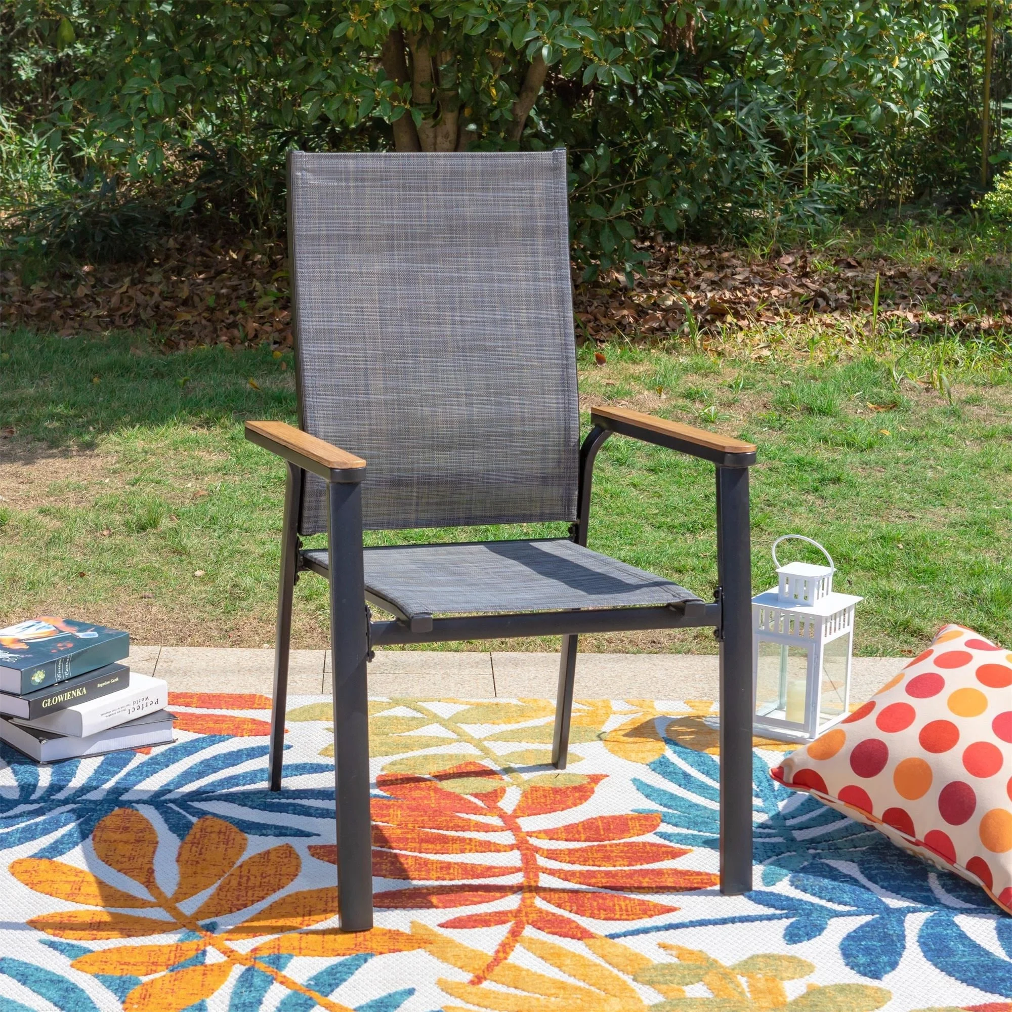 4 Pieces Aluminium Stackable Patio Dining Chairs with Wooden Armest Grey