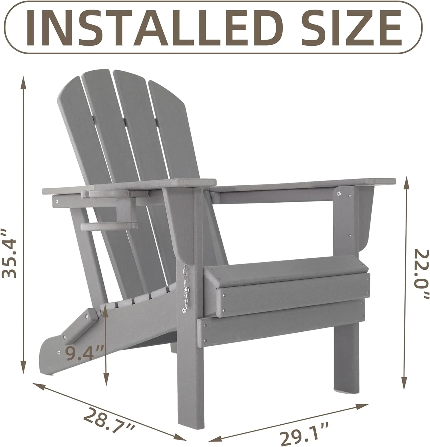 Folding Adirondack Chair Gardens, Fire Pit Chair with Plastic Cup Holder, Decks, Seaside Weather Resistant, Waterproof, Easy to Assemble (Grey)