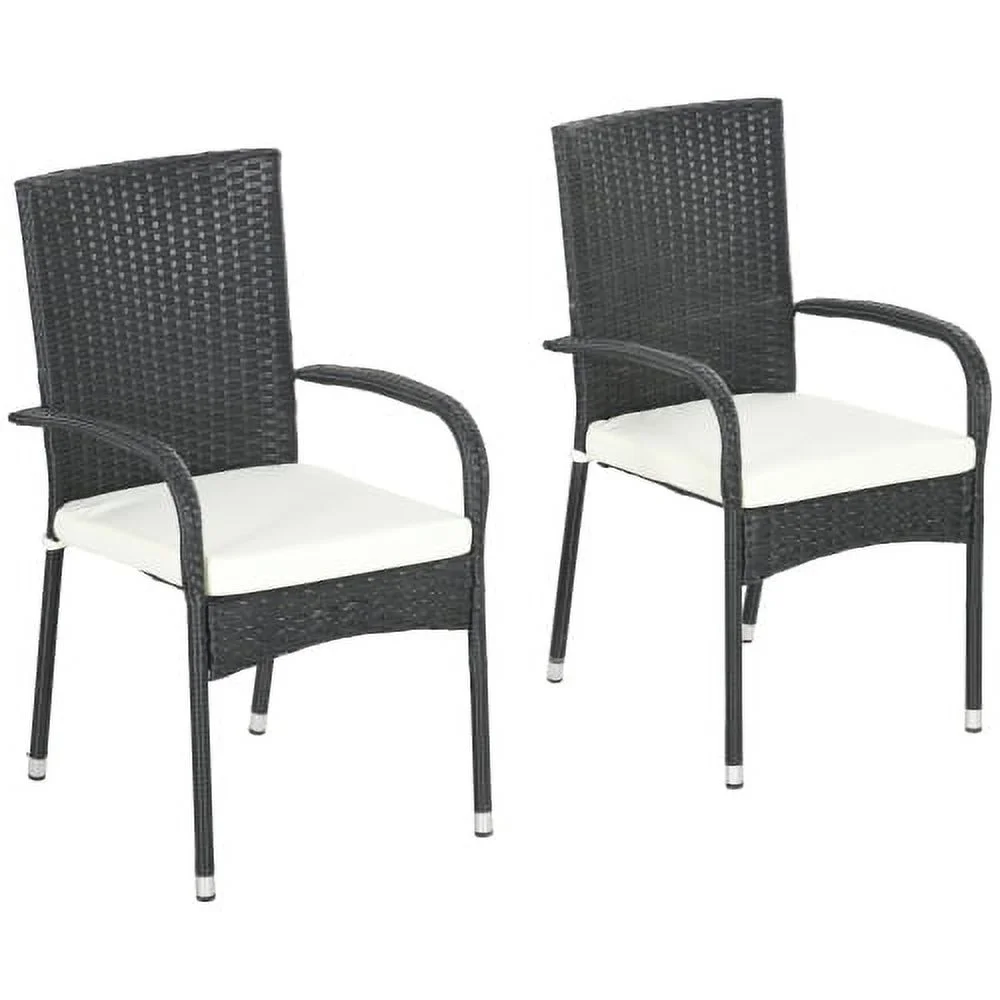 LEIYEHOOM Stackable PE Rattan Outdoor Dining Chairs with Cushions   Patio Wicker Dining Chairs with Armrests and Backrest for Patio  Deck  Cream White