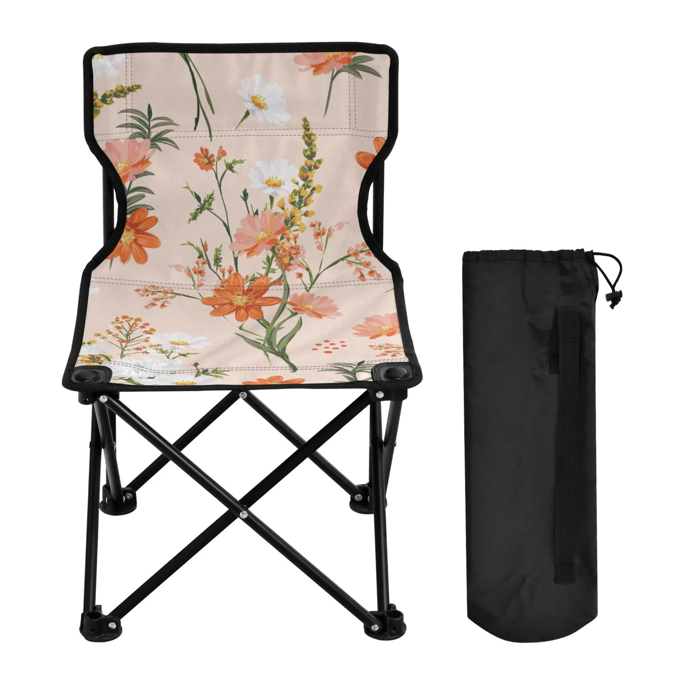 Orange Floral Flowers Portable Camping Chair Small for Kids Outdoor Folding Beach Chair Fishing Chair Lawn Chair with Carry Bag