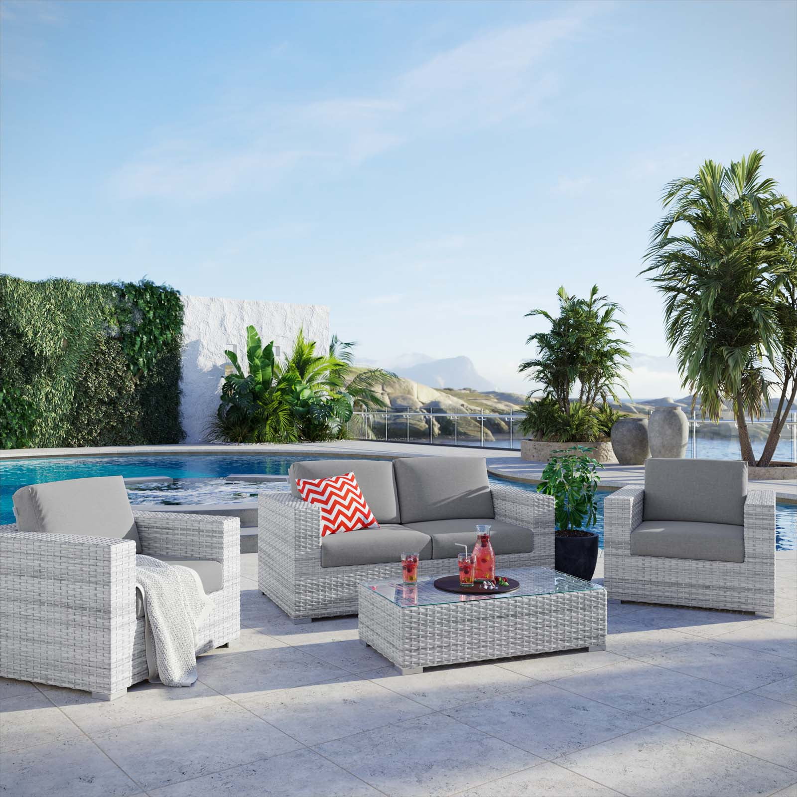 Lounge Sectional Sofa Chair Set, Rattan, Wicker, Grey Gray, Modern Contemporary Urban Design, Outdoor Patio Balcony Cafe Bistro Garden Furniture Hotel Hospitality