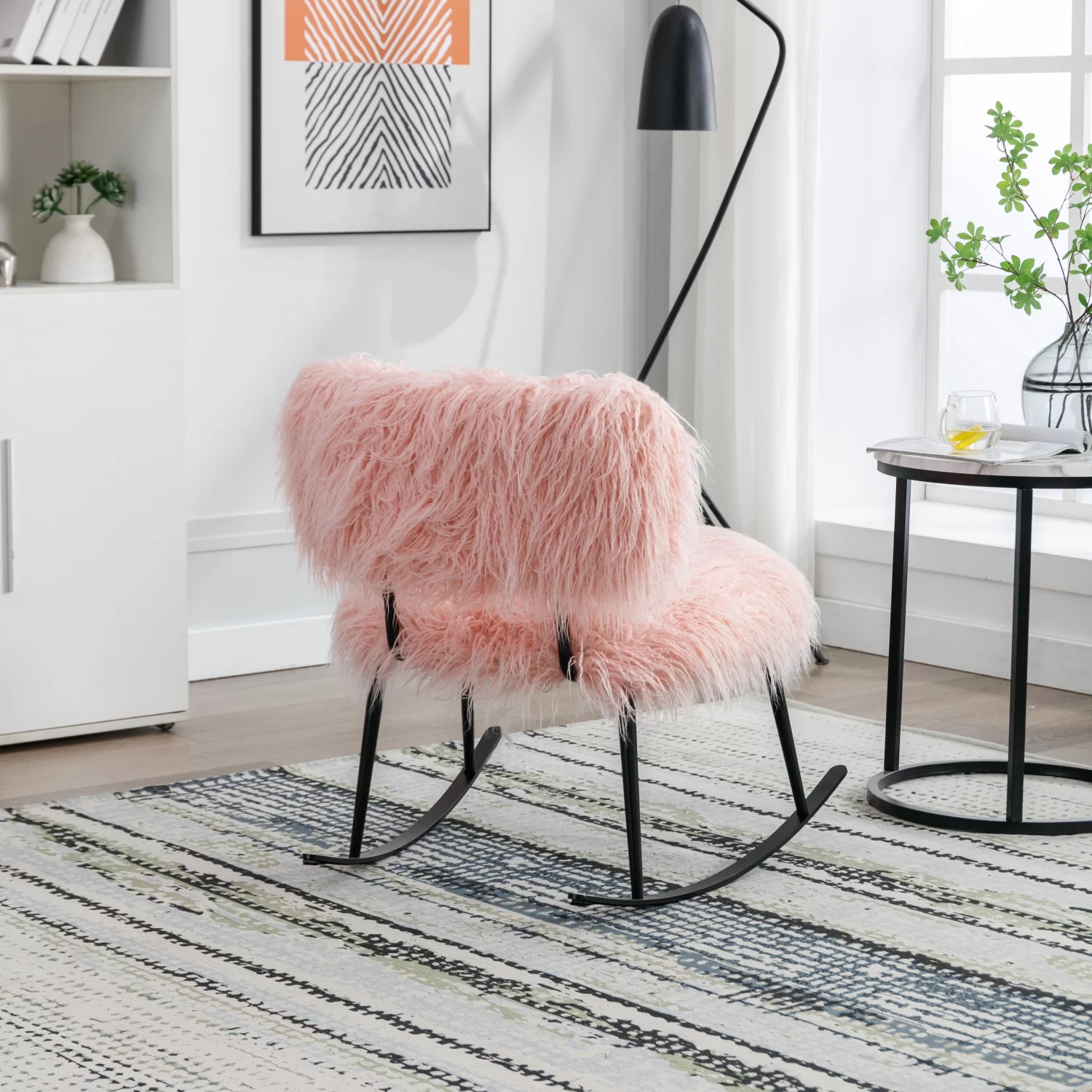 Fluffy Pink Faux Fur Cozy Mid Century Modern Nursery Rocking Chair - 25.2‘‘ Wide Metal Rocker  Plush Baby Nursing Chair  Upholstered Glider Chair  Comfortable Chair for Living Room or Bed