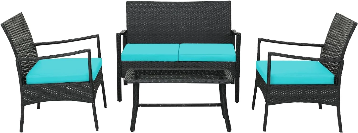 Dina 4 Piece Wicker Patio Furniture Set  Outdoor PE Rattan Conversation Sets with Chairs  Loveseat & Tempered Glass Coffee Table for Poolside  Courtyard  Balcony  Turquoise