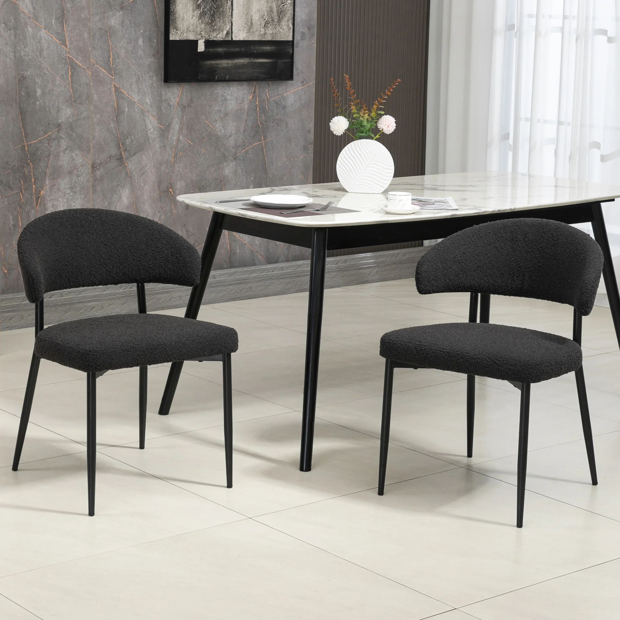 Set of 2 Ayoka Black Boucle Fabric Dining Chairs with Black Iron Legs