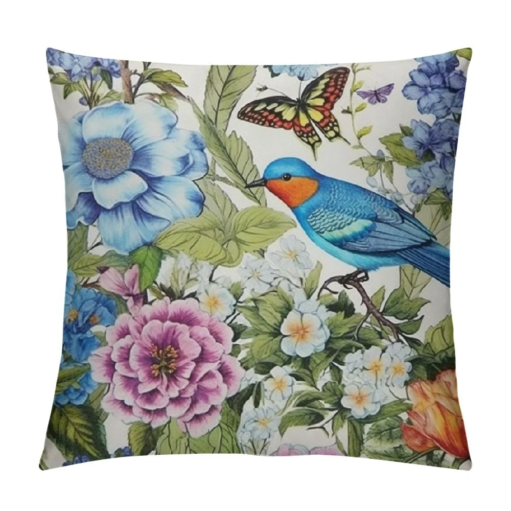 COMIO Decorative Throw Pillow Cover Cushion Case Watercolor Floral Vintage Pattern Flowers Birds Butterflies Peony Primrose Blue Hyacinth On Nature Pillow Cover for Sofa Bedroom