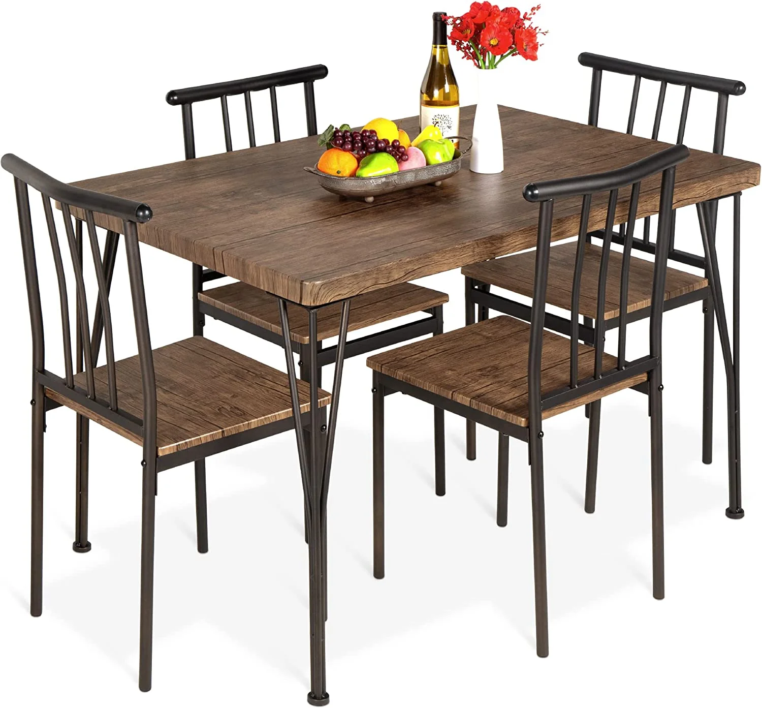 5-Piece Metal and Wood Indoor Modern Rectangular Dining Table Furniture Set for Kitchen, Dining Room, Dinette, Breakfast Nook w/ 4 Chairs - Drift Brown