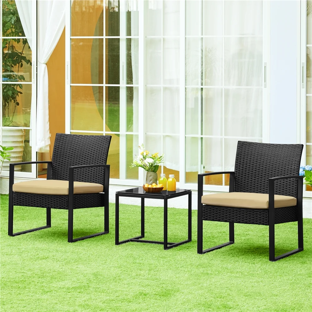 Yaheetech Modern 3-piece Patio Rattan Chairs & Table Set with Cushions, Black/Khaki