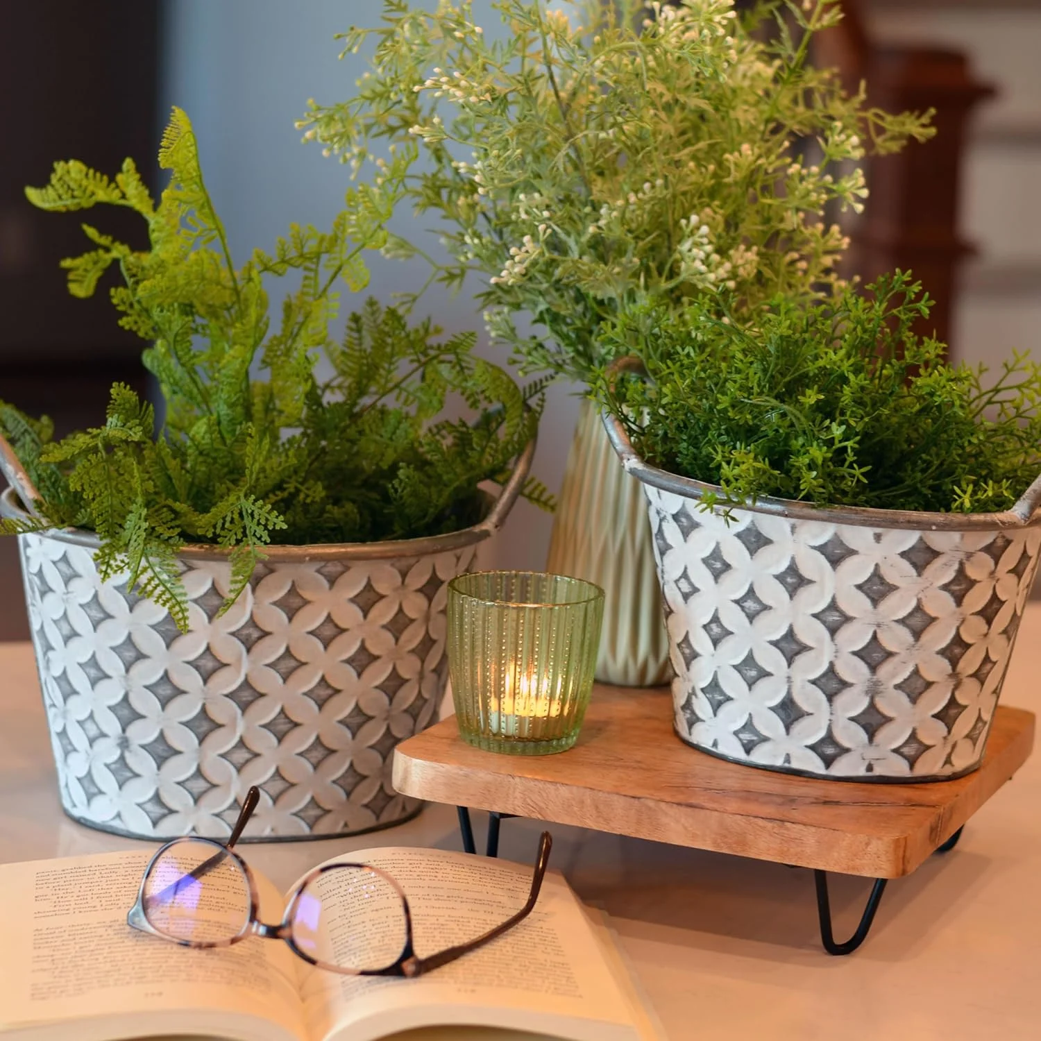Corrugated Pot Planters, Set of 2, Shabby White Washed, Pale Grey, Zinc, Metal, Oval Cache Pots, Handles, 9.75 and 8.75 Inches Geometric Pattern