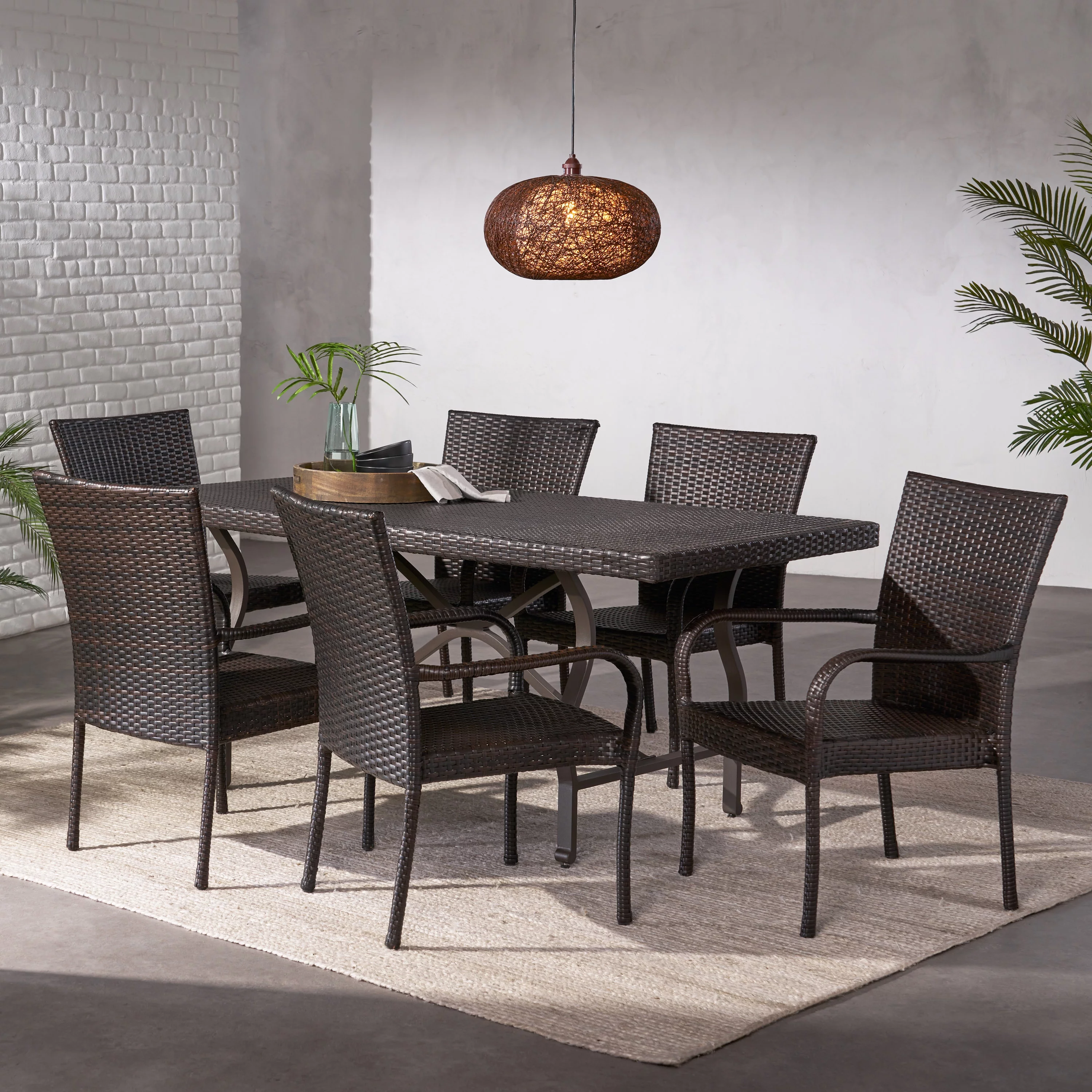 Watson Outdoor 7 Piece Rectangular Wicker Dining Set, Multibrown