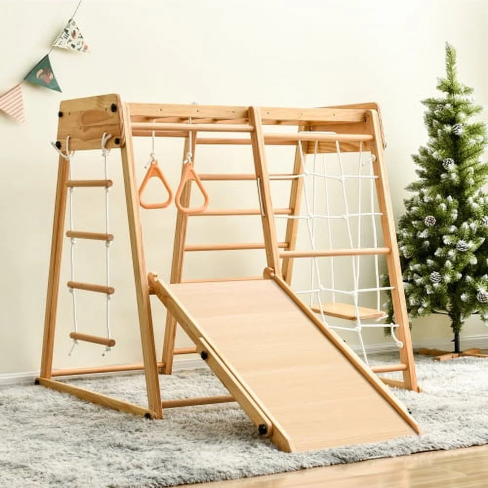 Indoor Playground 8-in-1Jungle Gym Baby Climbing Toys with Slide and Play Table, Wooden Toddlers Climber Playset with Rope Wall, Climbing Ladder, Swing Rings and Monkey Bars