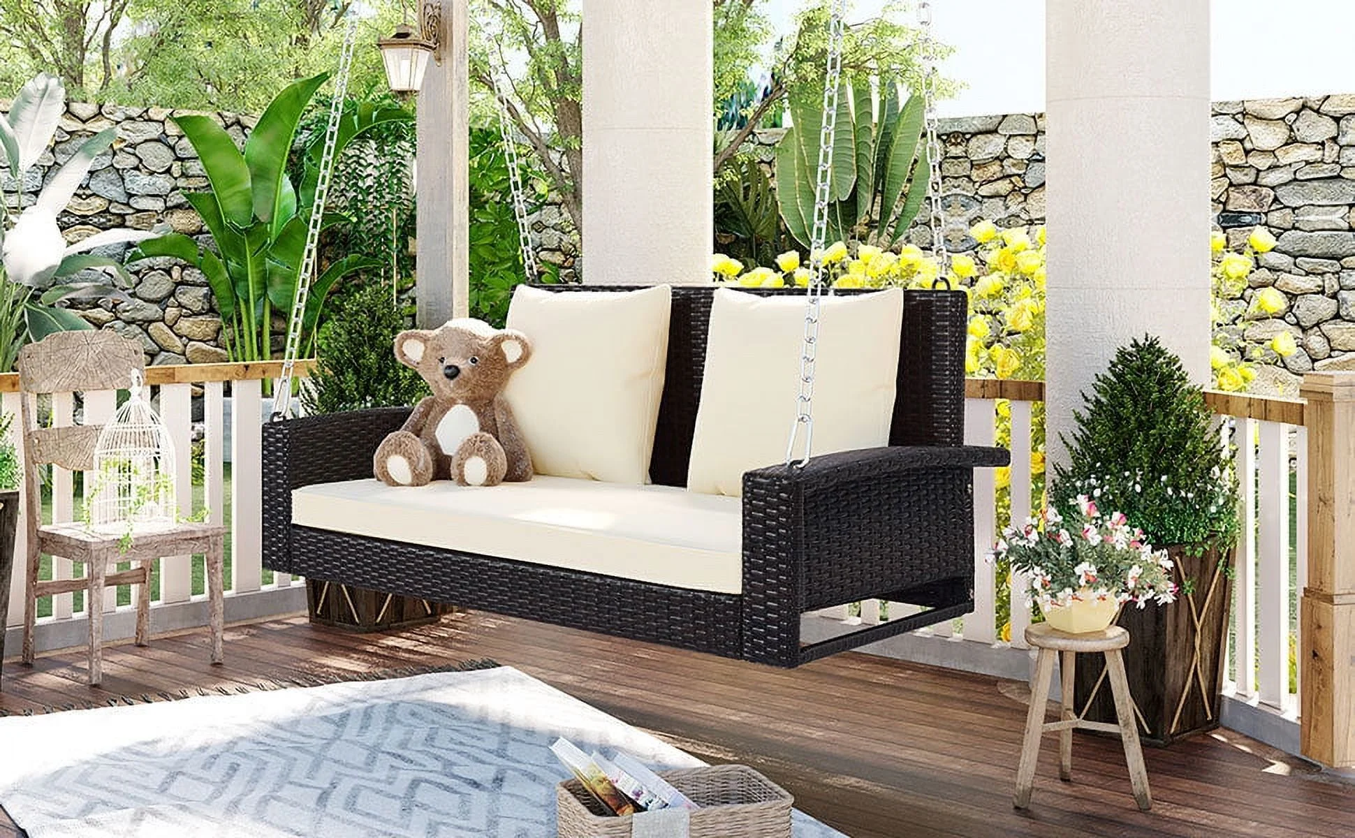 Style and Luxury with this Elegant and Cozy Brown Wicker Hanging Porch Swing for 2 Persons. Featuring Chains for Easy Installation  a Plush Beige Cushion  and Pillow for Added Comfort  th