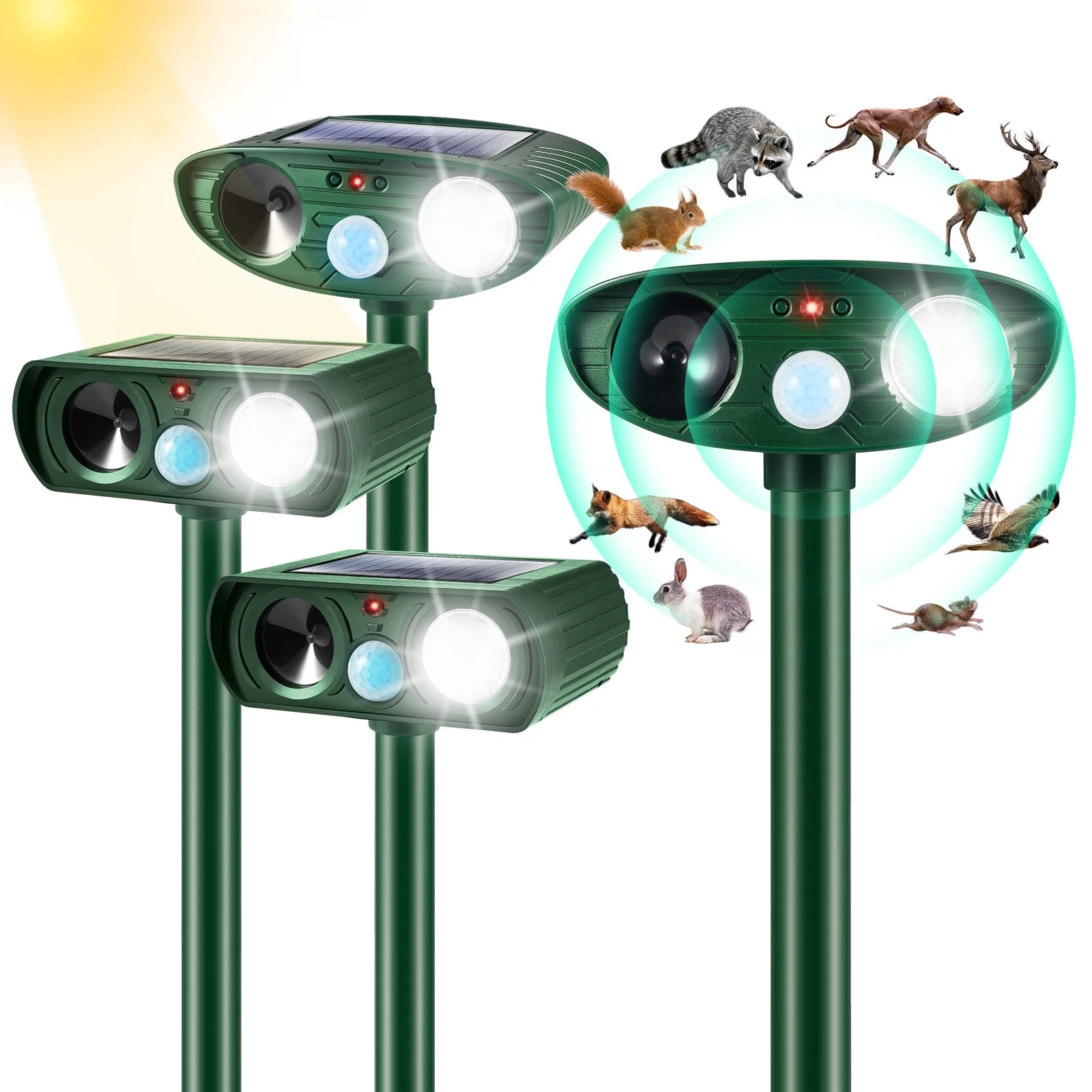 4-Pack Solar-Powered Outdoor Multi-Animal Ultrasonic Deterrent Kit Waterproof Motion Sensor, Repels Cats, Deer, and Dogs in Farms and yards
