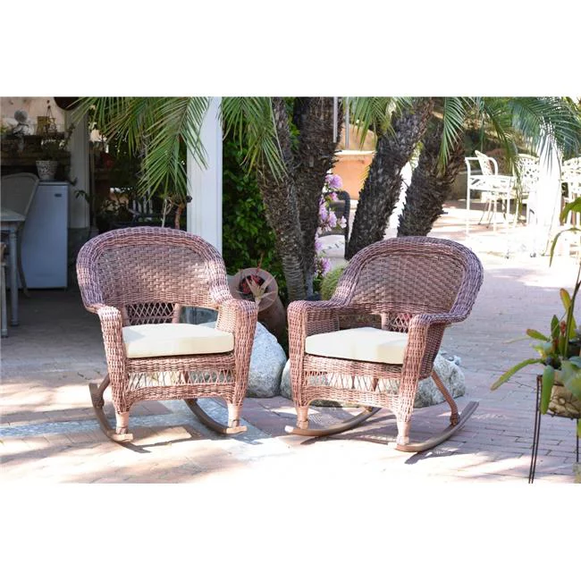 W00205R-C-2-FS001 Honey Rocker Wicker Chair with Ivory Cushion - Set of 2