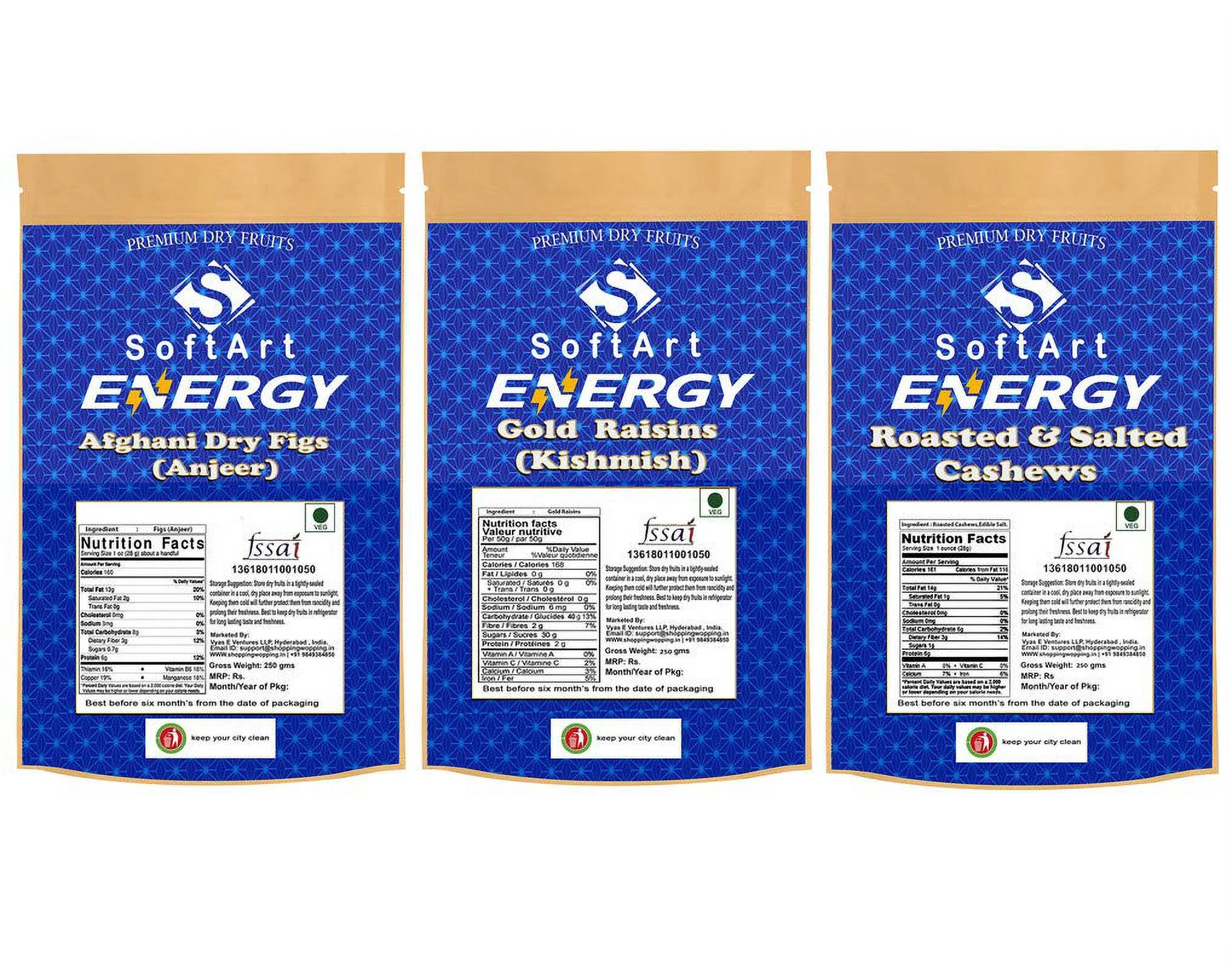 Softart Energy Afghani Dry Figs (Anjeer),Gold Kishmish (Gold Raisins) & Roasted & Salted Cashew (250G Each) Vacuum Pack