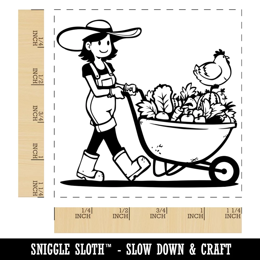 Gardener Farmer Girl with Wheelbarrow of Fruits Vegetables Chicken Square Rubber Stamp Stamping Scrapbooking Crafting - Small 1.25in