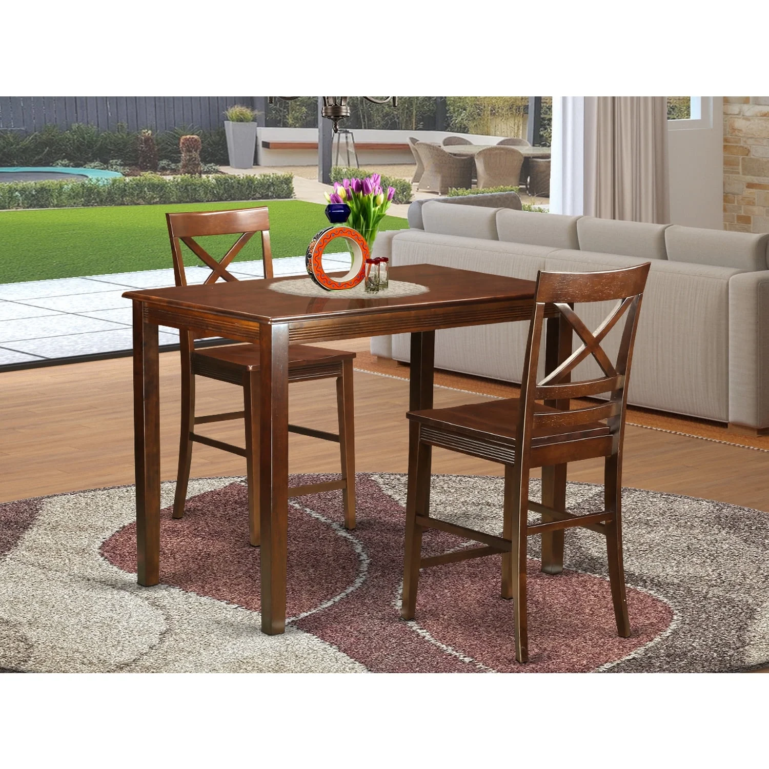 East West Furniture Yarmouth 3-piece Wood Dining Table and Chair Set in Mahogany
