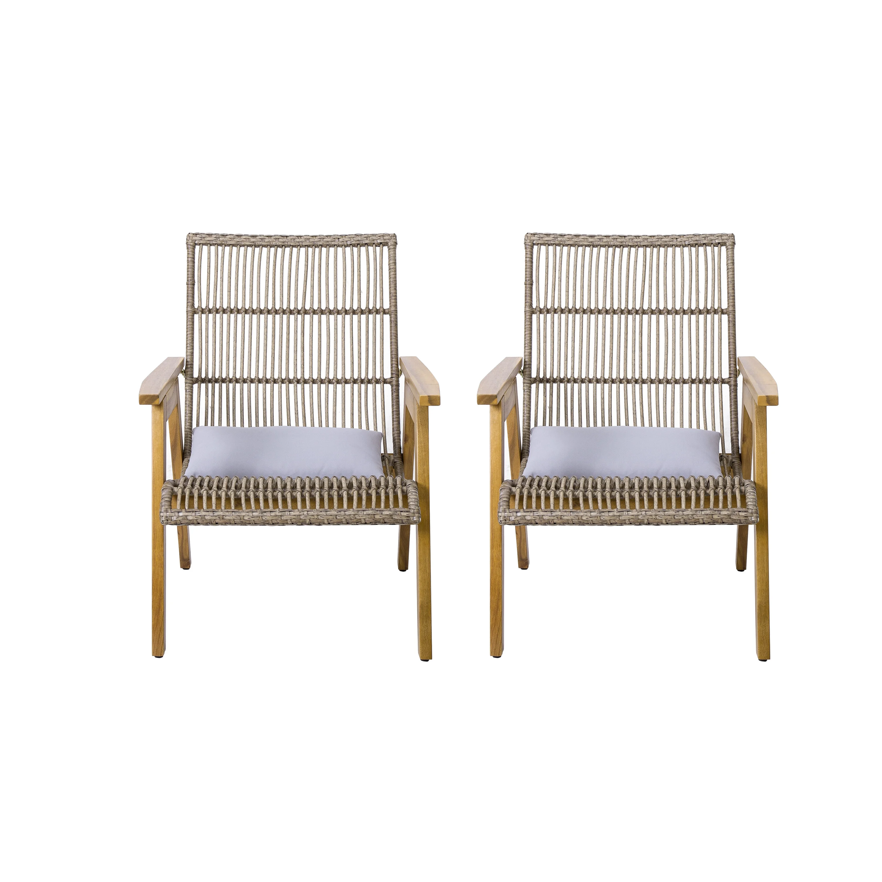 GDF Studio Acacia Wood Outdoor Patio Club Chair, Mixed Brown Wicker Finish with Light Grey Cushions (2-pack)