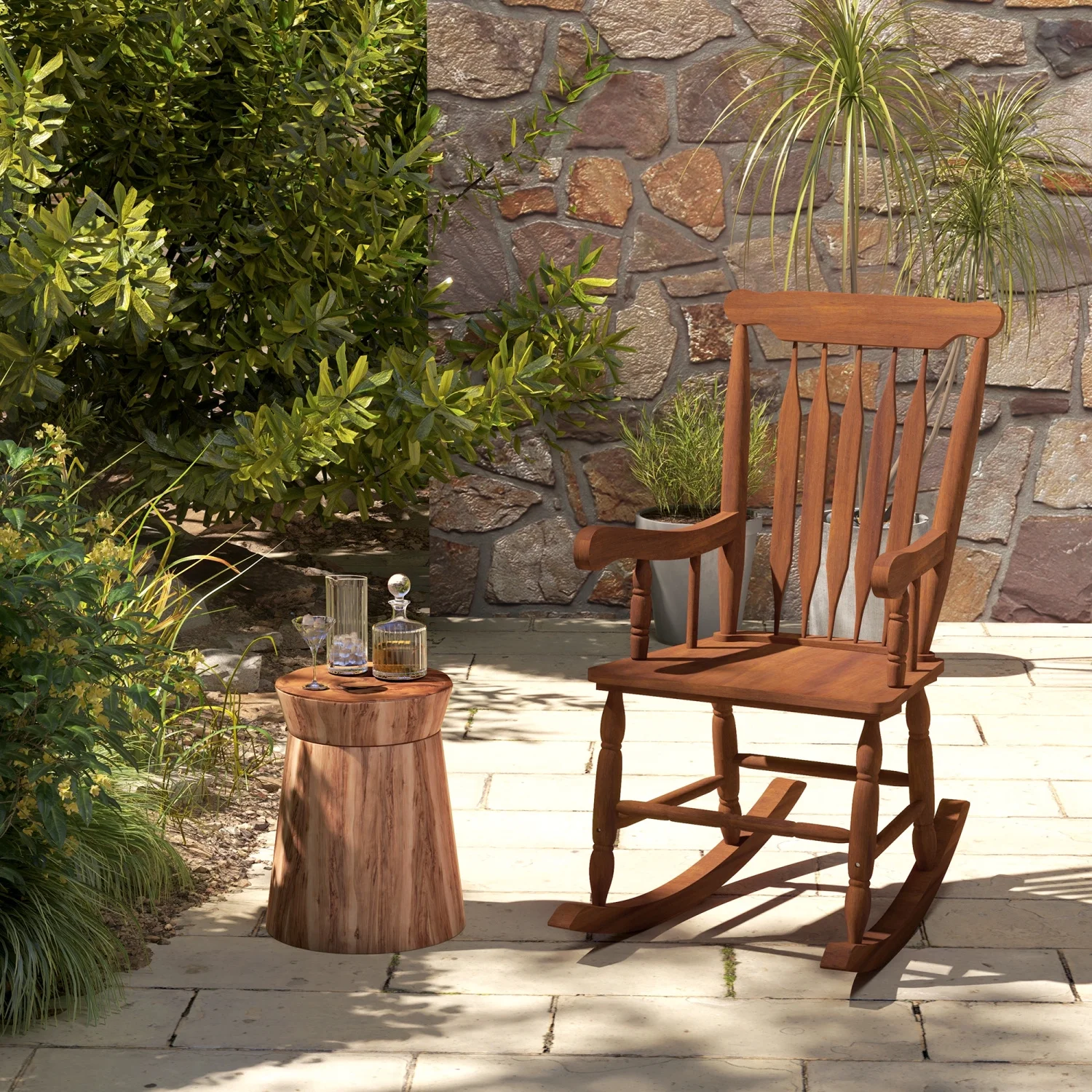 LEIYEHOOM Outdoor Wood Rocking Chair  350 lbs. Porch Rocker with High Back for Garden  Patio  Balcony  Teak
