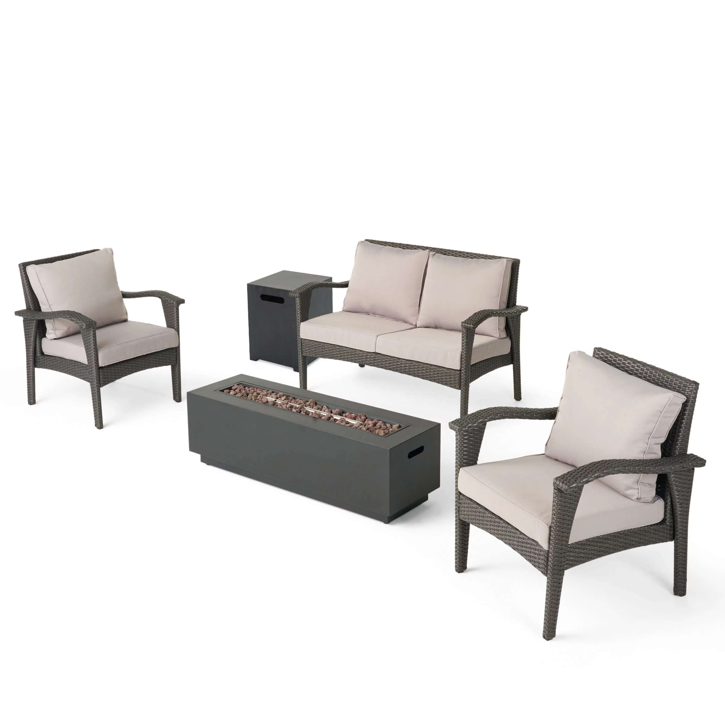 GDF Studio Houlihan Outdoor Wicker 4 Seater Chat Set with Fire Pit, Gray, Light Gray, and Dark Gray